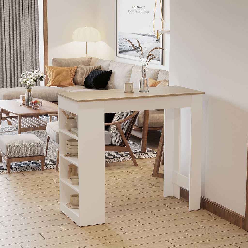 Table de bar pour 2 personnes, table haute mange debout avec 4 étagères ouvertes, 115x50x102,7cm, blanc et bois naturel-1