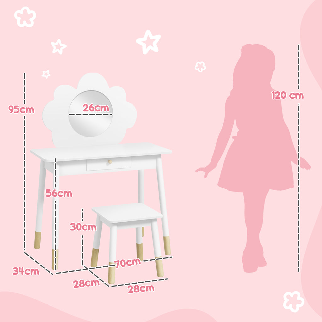 Ensemble coiffeuse pour enfant avec tabouret, coiffeuse 2 pièces pour enfants de 3 à 6 ans, miroir forme de nuage, blanc-2