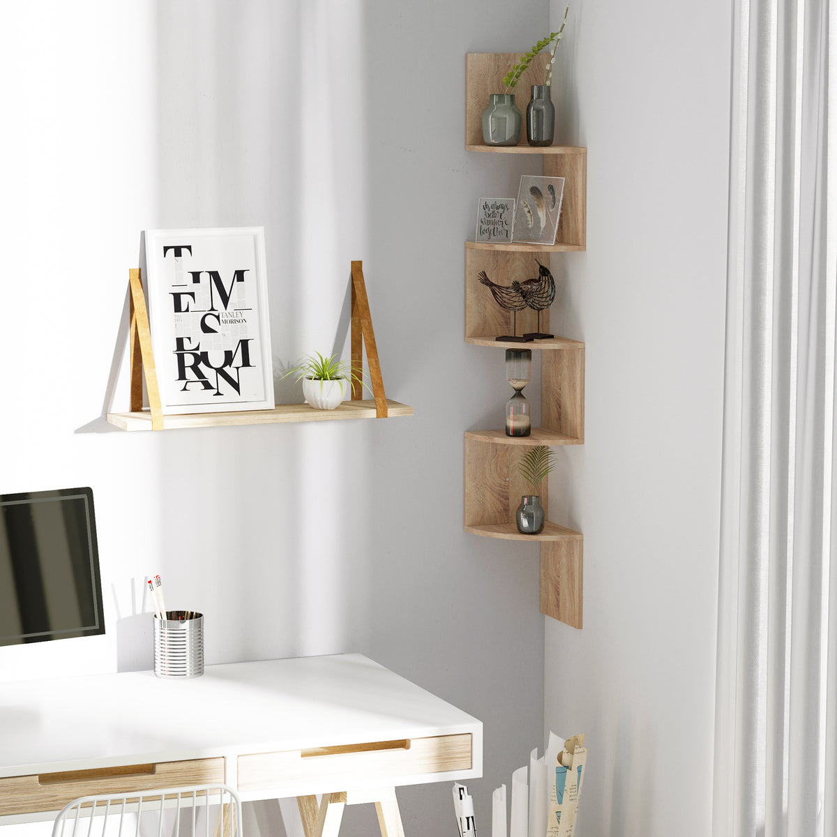 Étagère d'angle Murale de Rangement Forme Zigzag 20L x 20l x 126H cm 5 Niveaux Bois chêne Clair-8