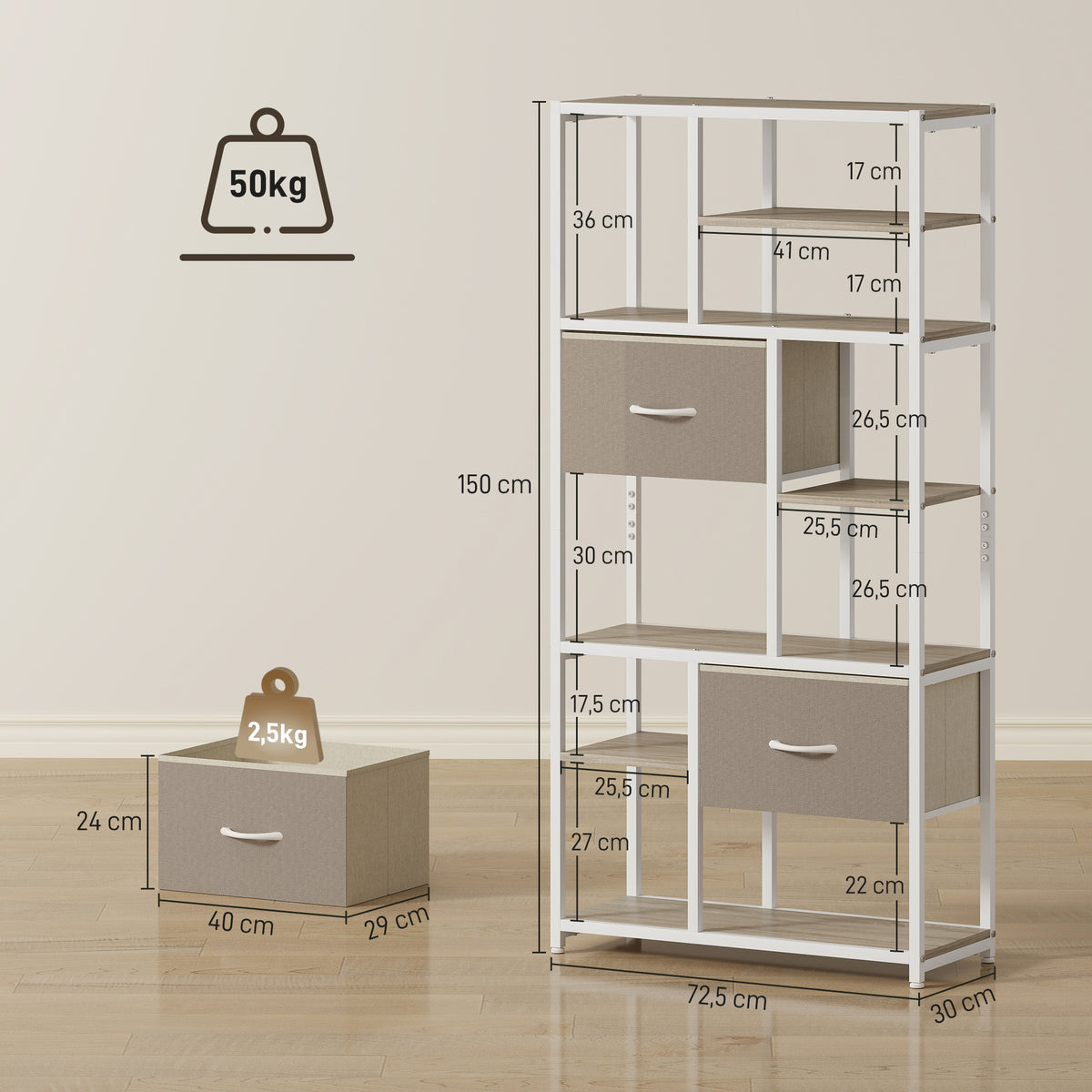 Étagère de rangement 6 niveaux, bibliothèque avec 2 tiroirs en tissu, 9 étagères ouvertes, 72,5 x 30 x 150 cm, blanc-2