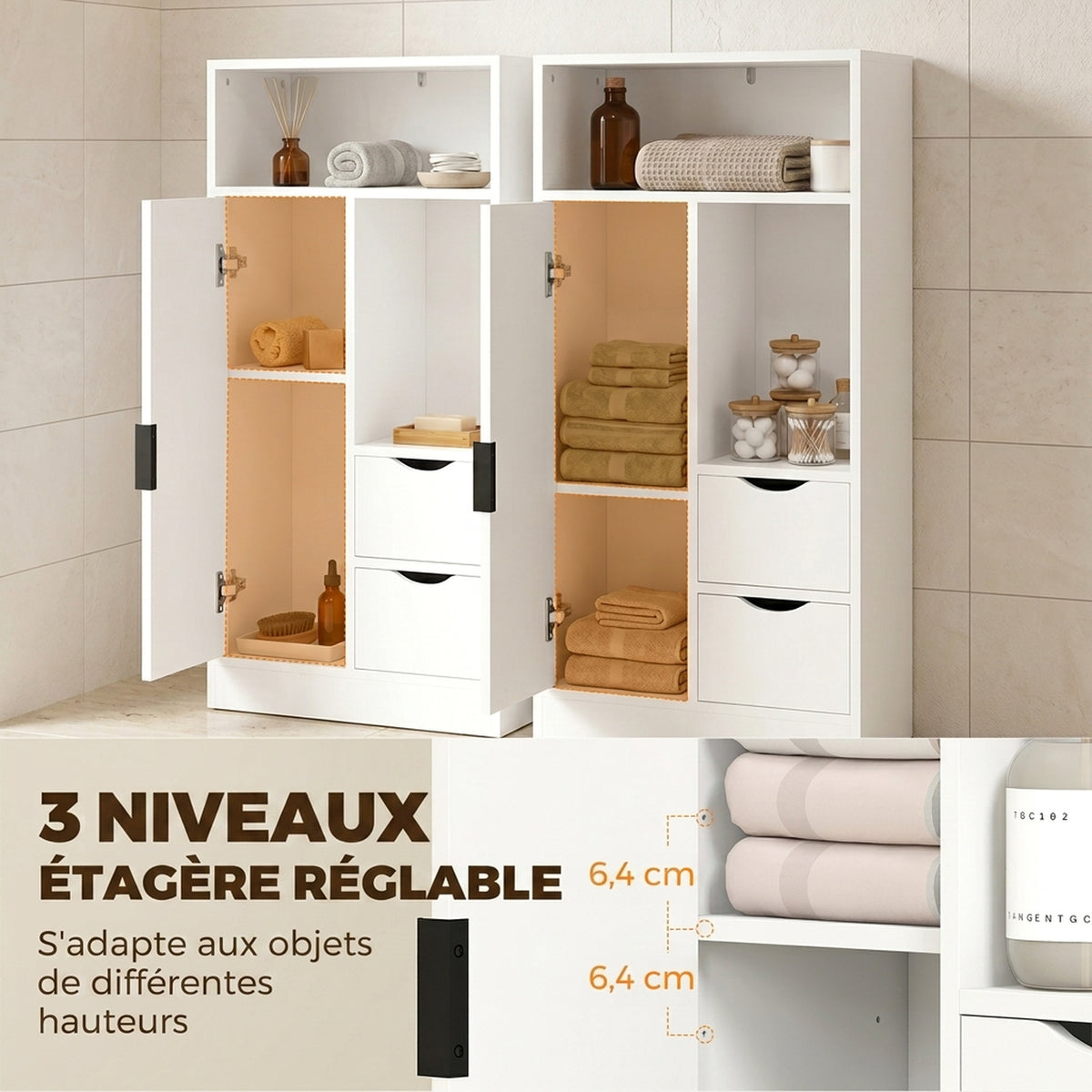 Meuble de salle de bain, meuble de rangement étroit avec 2 tiroirs, compartiments ouverts, 50x25x100cm, blanc-4