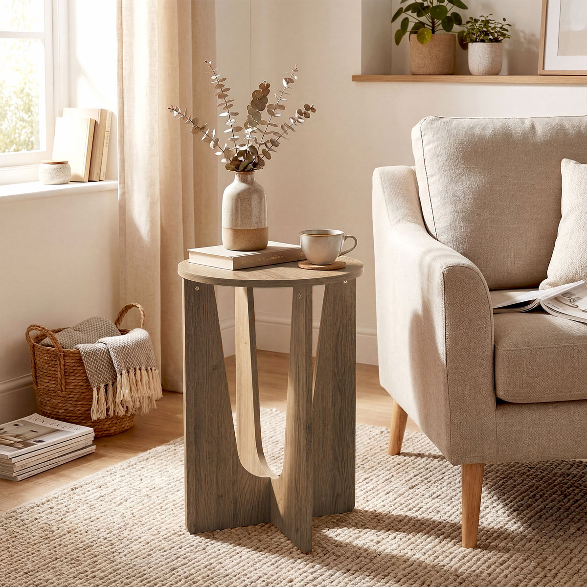 Table d'Appoint Ronde, Table de Salon avec Pieds Incurvés, Style Rustique, pour Salon, Chambre, Effet Bois Café-9