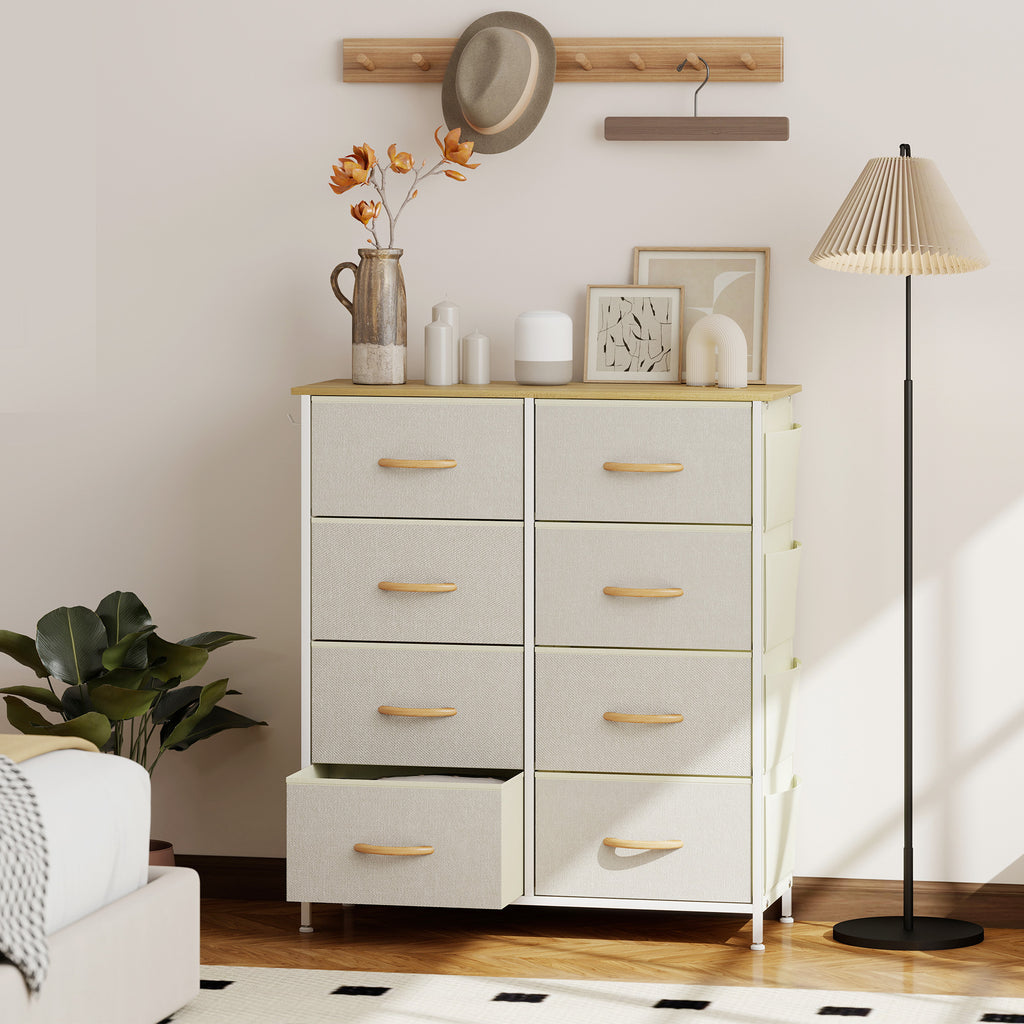 Commode 8 tiroirs en tissu, meuble de rangement avec 4 poches, 2 crochets, structure en acier, 86 x 30 x 94,5 cm, beige-9