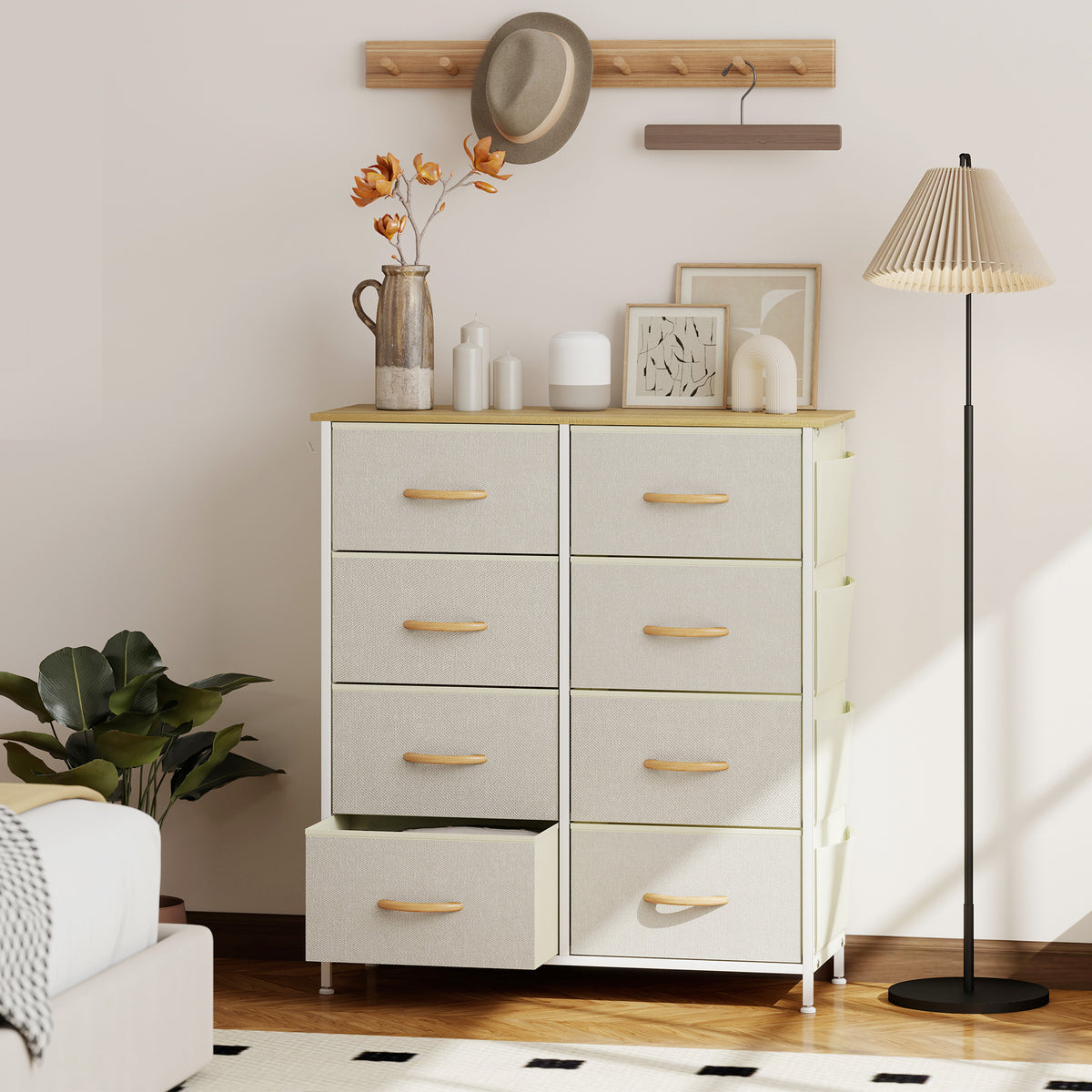 Commode 8 tiroirs en tissu, meuble de rangement avec 4 poches, 2 crochets, structure en acier, 86 x 30 x 94,5 cm, beige-9