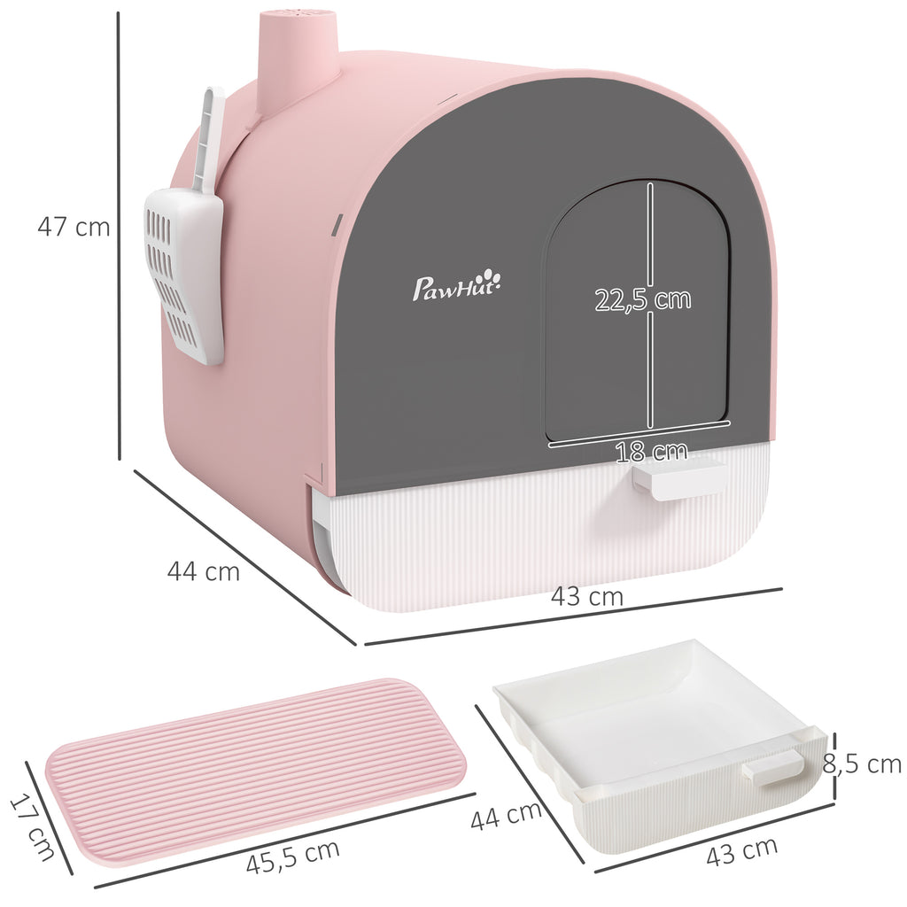 Bac à litière pour chat avec porte battante pelle et filtre inclus dim. 43L x 44l x 47H cm rose-2