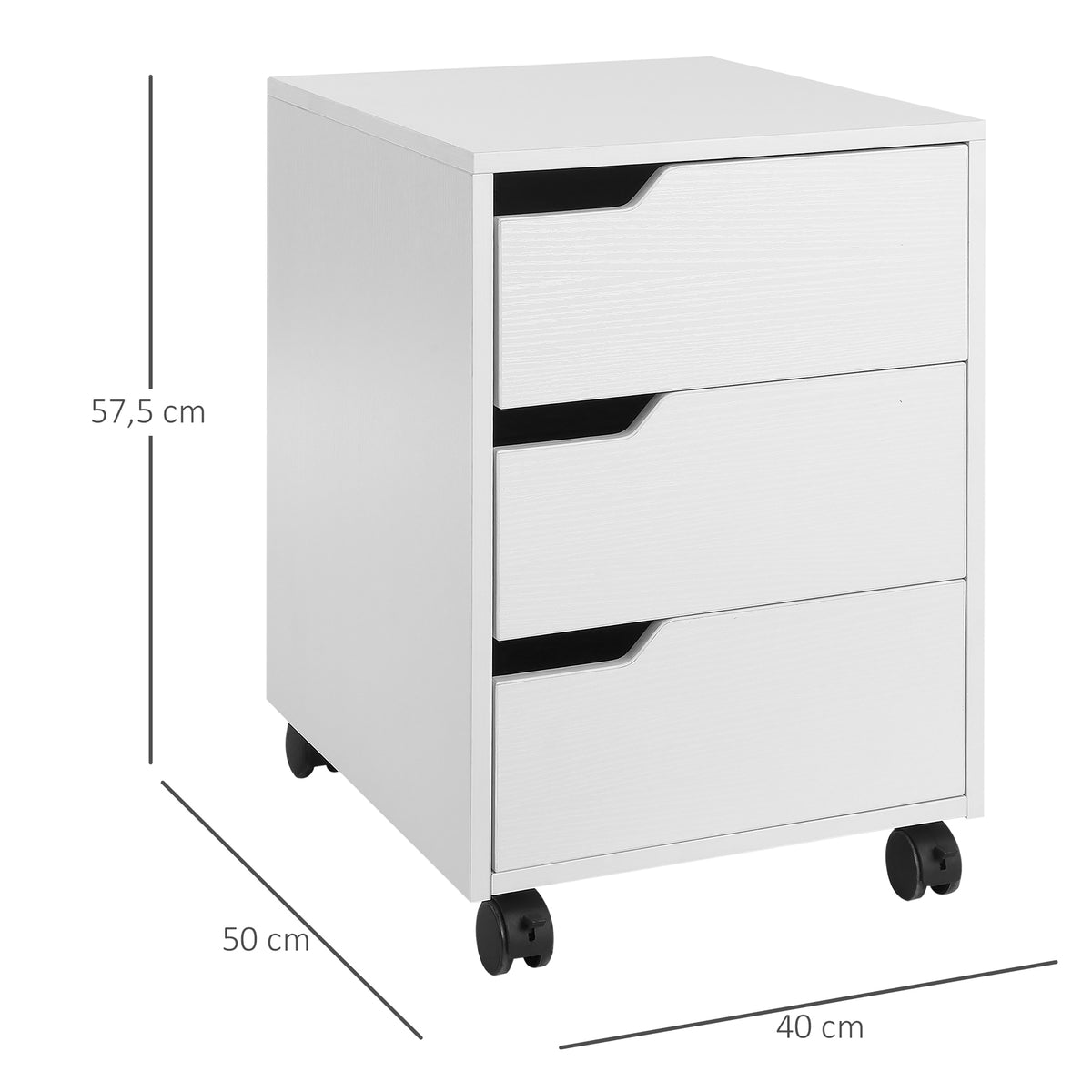 Caisson bureau mobile avec 3 tiroirs, meuble rangement bureau sur roulettes pour documents et imprimante, caisson de rangement compact pour travail ou chambre, 40x50x57,5cm, blanc-2