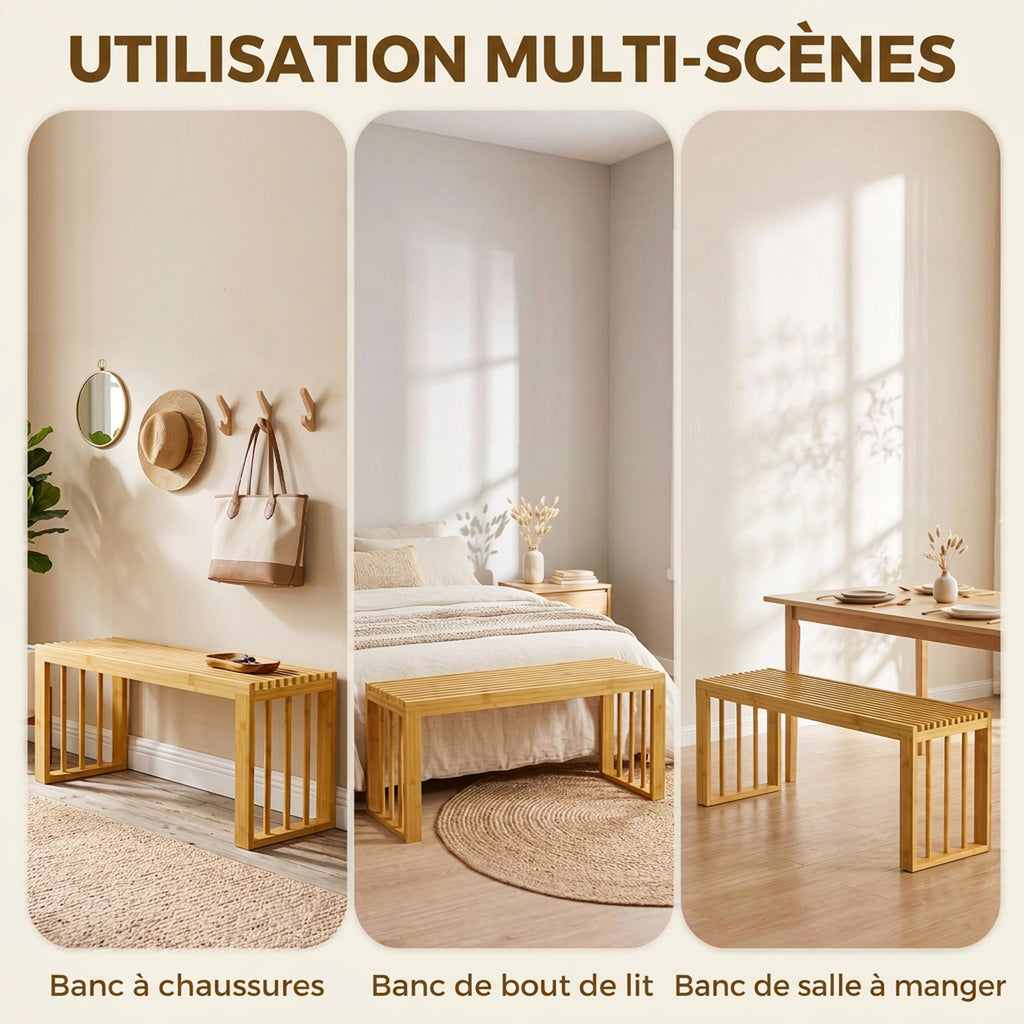 Banc à Chaussures en Bambou, Banc d'Entrée Sans Dossier, Assise en Bois Ajourée, 90 x 33 x 43 cm, Bois Naturel-4