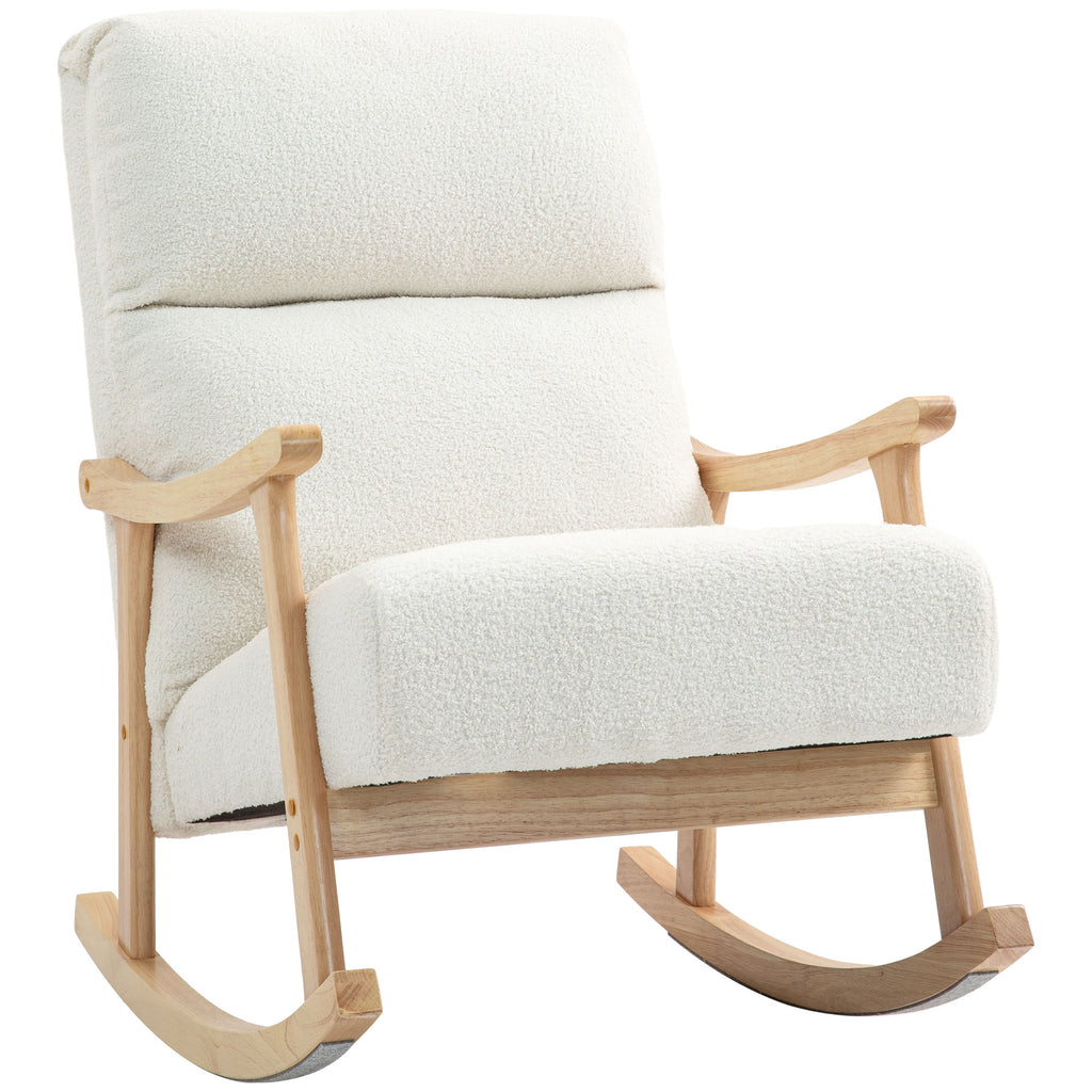 Fauteuil à bascule, rocking chair en velours teddy avec assise rembourré, dossier ergonomique, 65 x 90 x 98 cm, crème-0