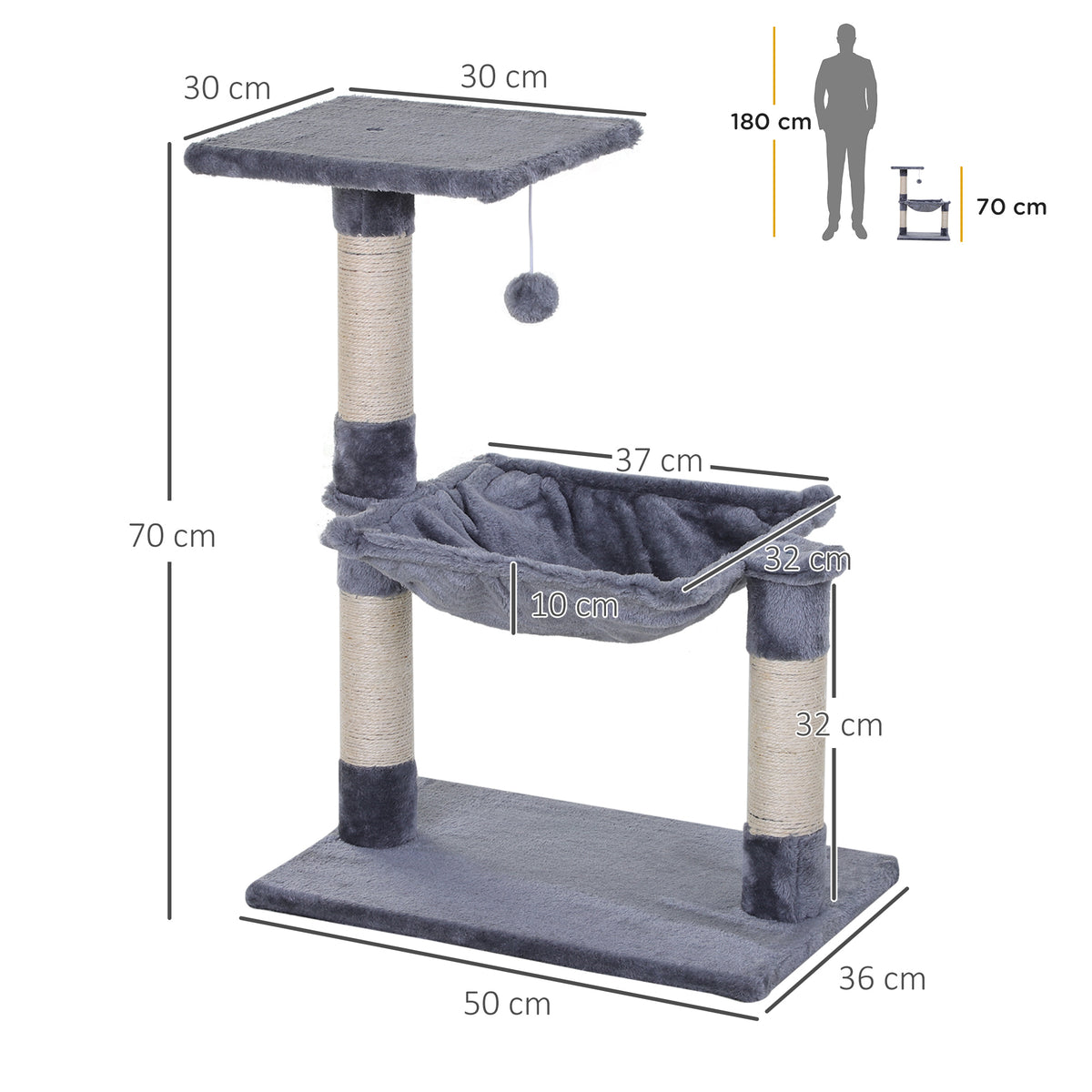 Arbre à chat 3 griffoirs grattoirs sisal naturel plateforme hamac et boule suspendue dim. 50L x 36l x 70H cm peluche courte gris-2