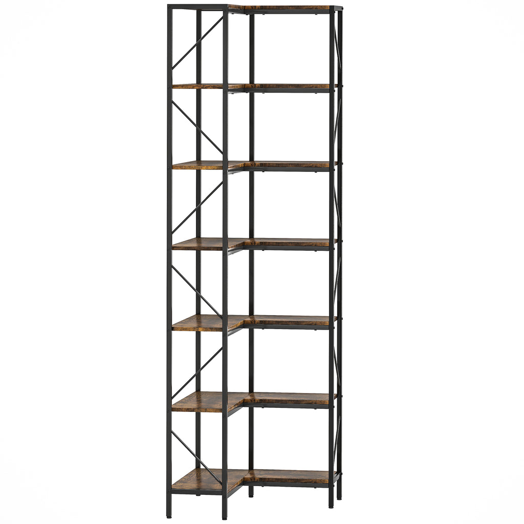 Bibliothèque d'angle à 7 niveaux industriel avec étagères de rangement, 60 x 60 x 198 cm, brun rustique-0