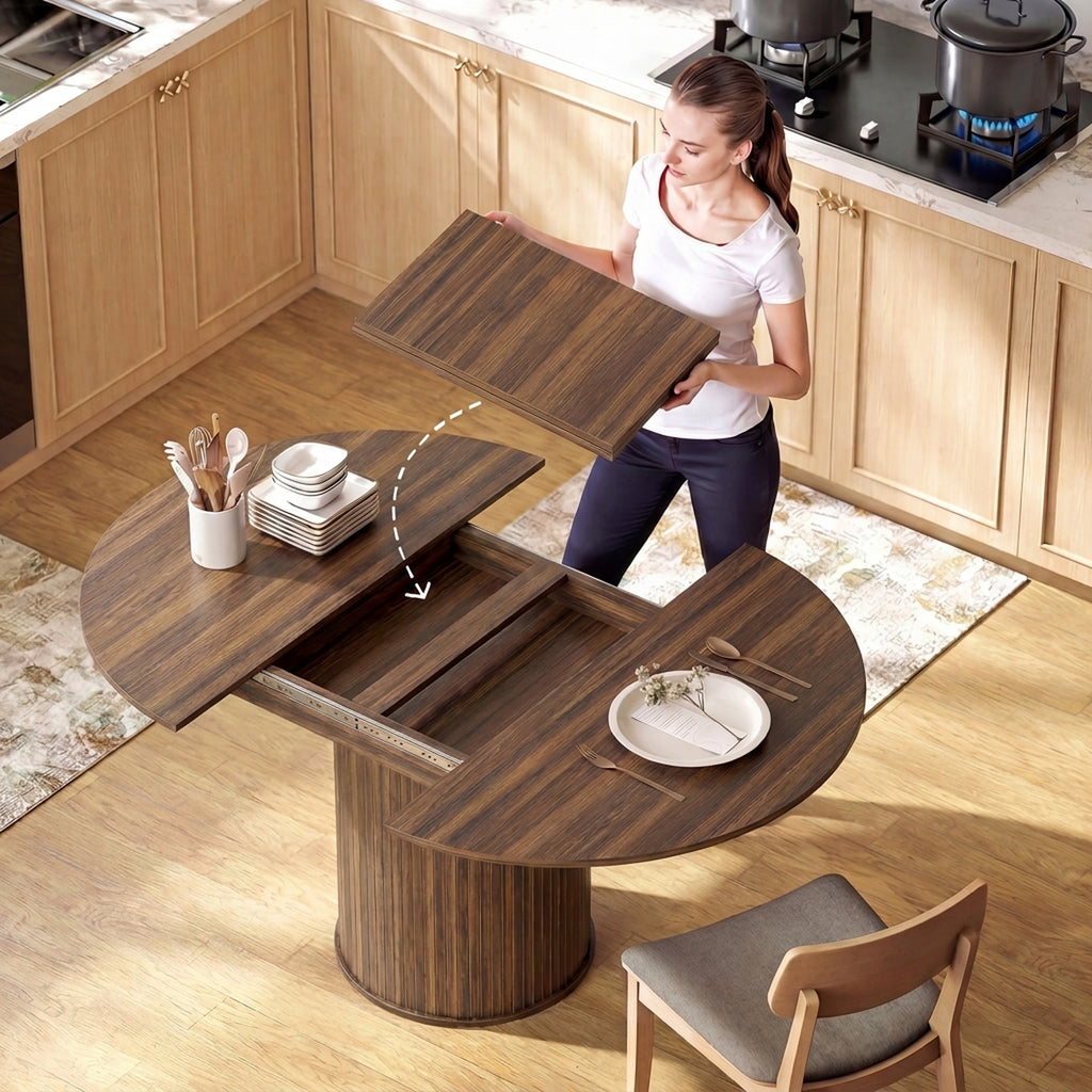 Table à Manger Extensible pour 6 à 8 Personnes, 110-150 cm, Table de Cuisine Ovale avec Piètement Central Rond, Noyer-6