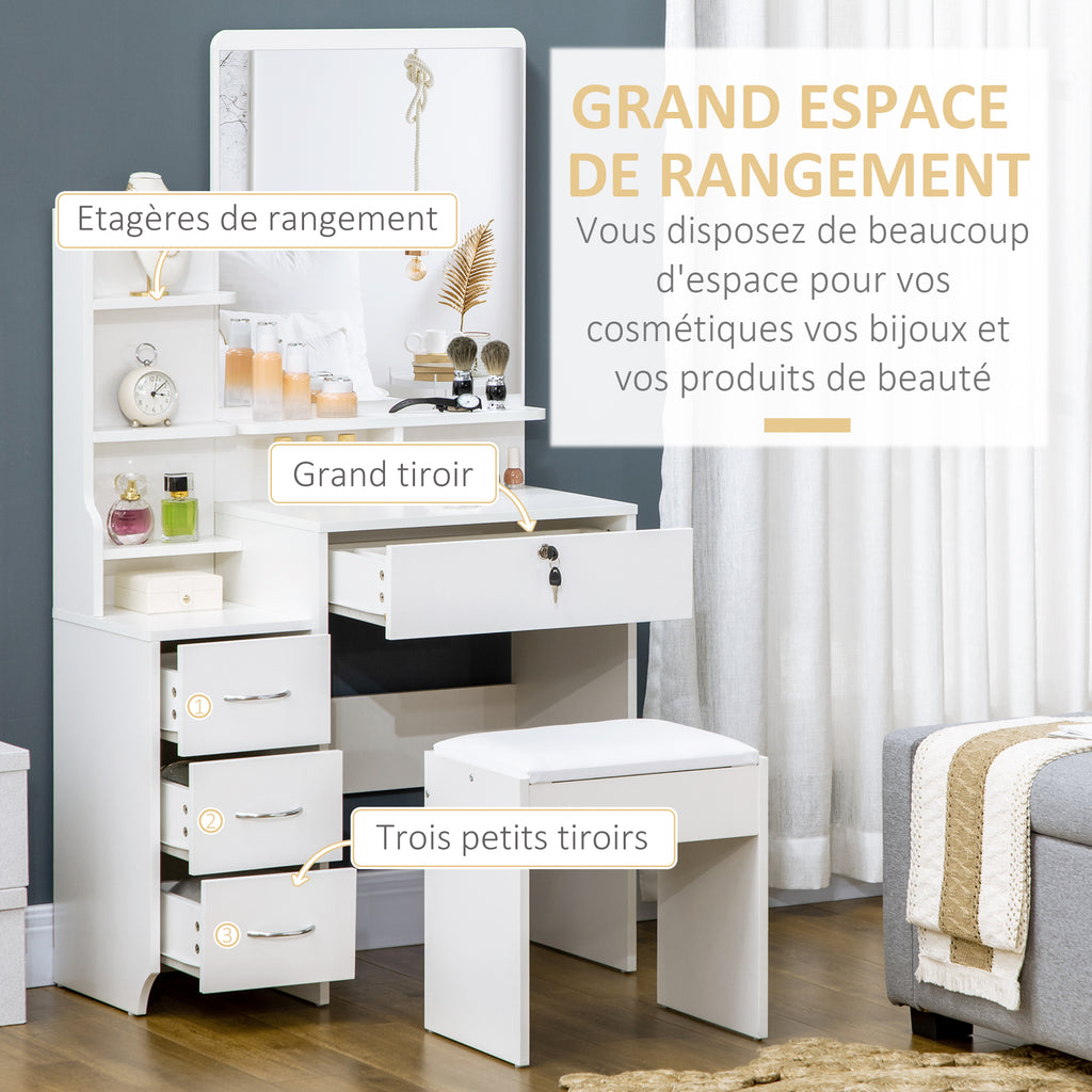 Ensemble de coiffeuse avec tabouret rembourré grand miroir + plusieurs étagères ouvertes + 4 tiroirs blanc-4