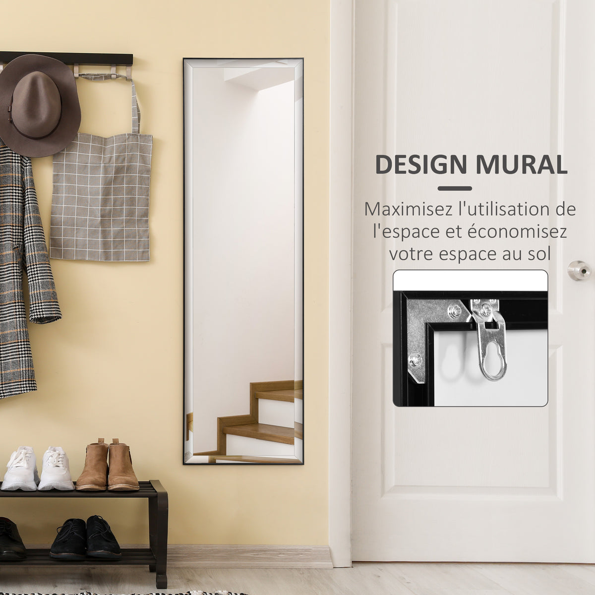 Miroir Mural dim. 120L x 35l cm - Film sécurité Anti déflagrant, système Attache Inclus - Cadre Alliage alu. Noir-3