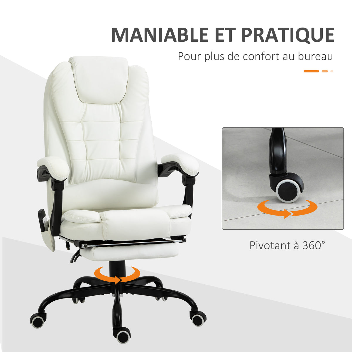 Fauteuil de Bureau Massant 7 Points, Chaise de Bureau Ergonomique avec Repose-pieds Rétractable, Dossier Inclinable 155°, Hauteur Réglable, Pivotant à 360°, télécommande Filaire, Blanc-7