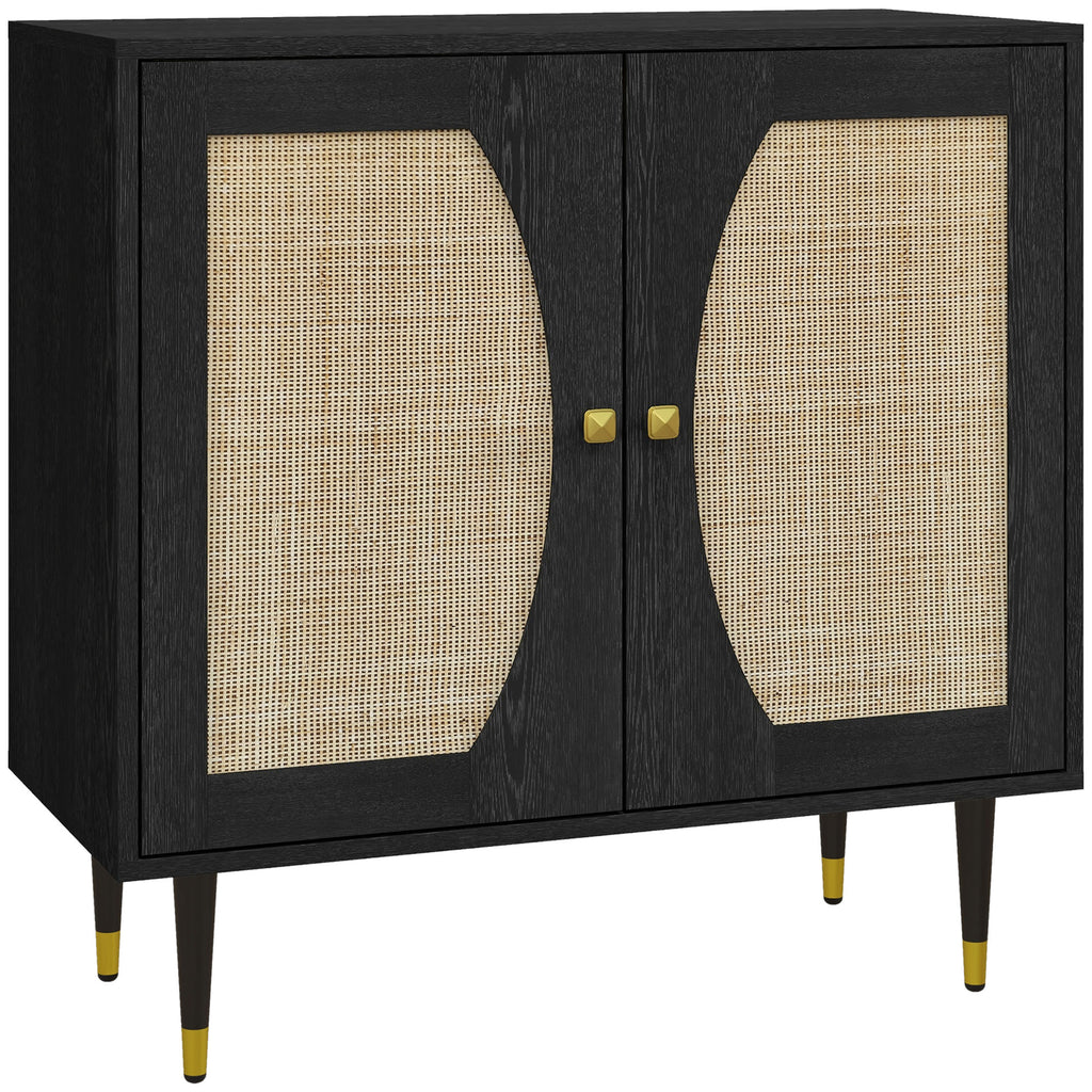 Buffet de cuisine meuble de rangement design bohème double portes avec 2 niveaux, façade en rotin 80 x 38 x 79 cm noir-0