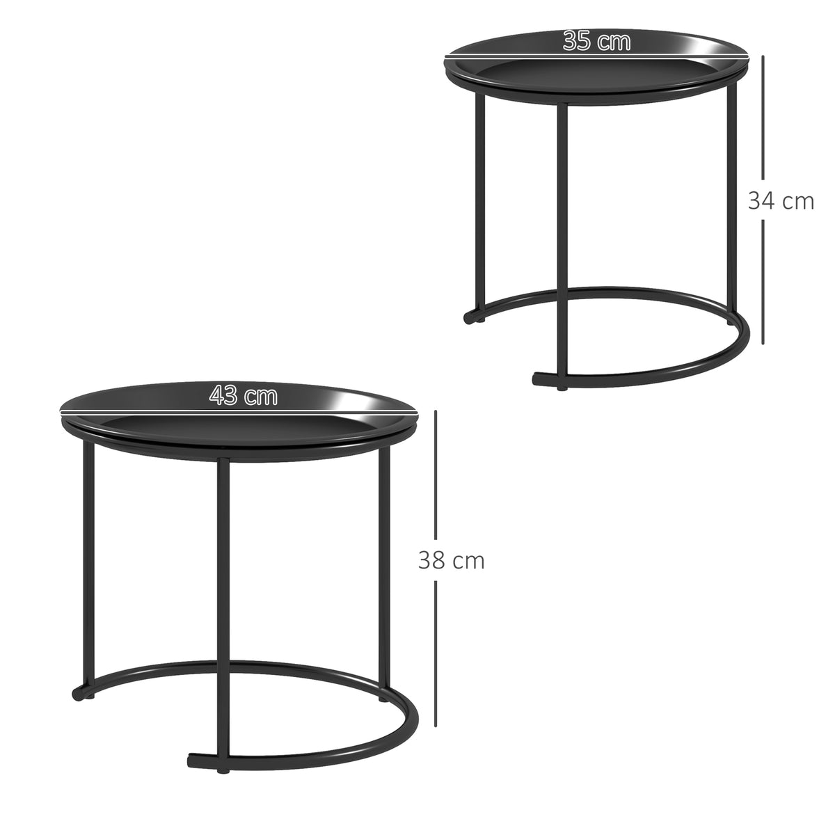 Lot de 2 tables basses rondes gigognes plateaux amovibles style industriel en acier Ø 43 et Ø 35 cm noir-2