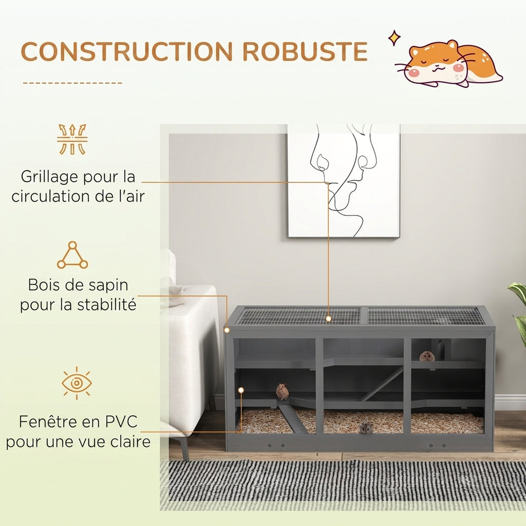 Cage à hamster cage gerbilles 2 niveaux toit ouvrable fenêtres cabane 2 échelle, 115 x 57 x 55 cm, gris-4