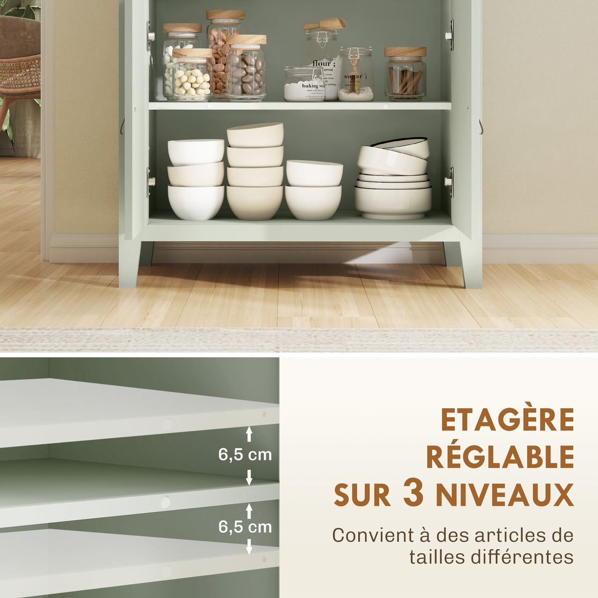 Buffet salon, meuble de rangement avec tiroir, double porte, étagère réglable, 80 x 40 x 90 cm, vert clair-4