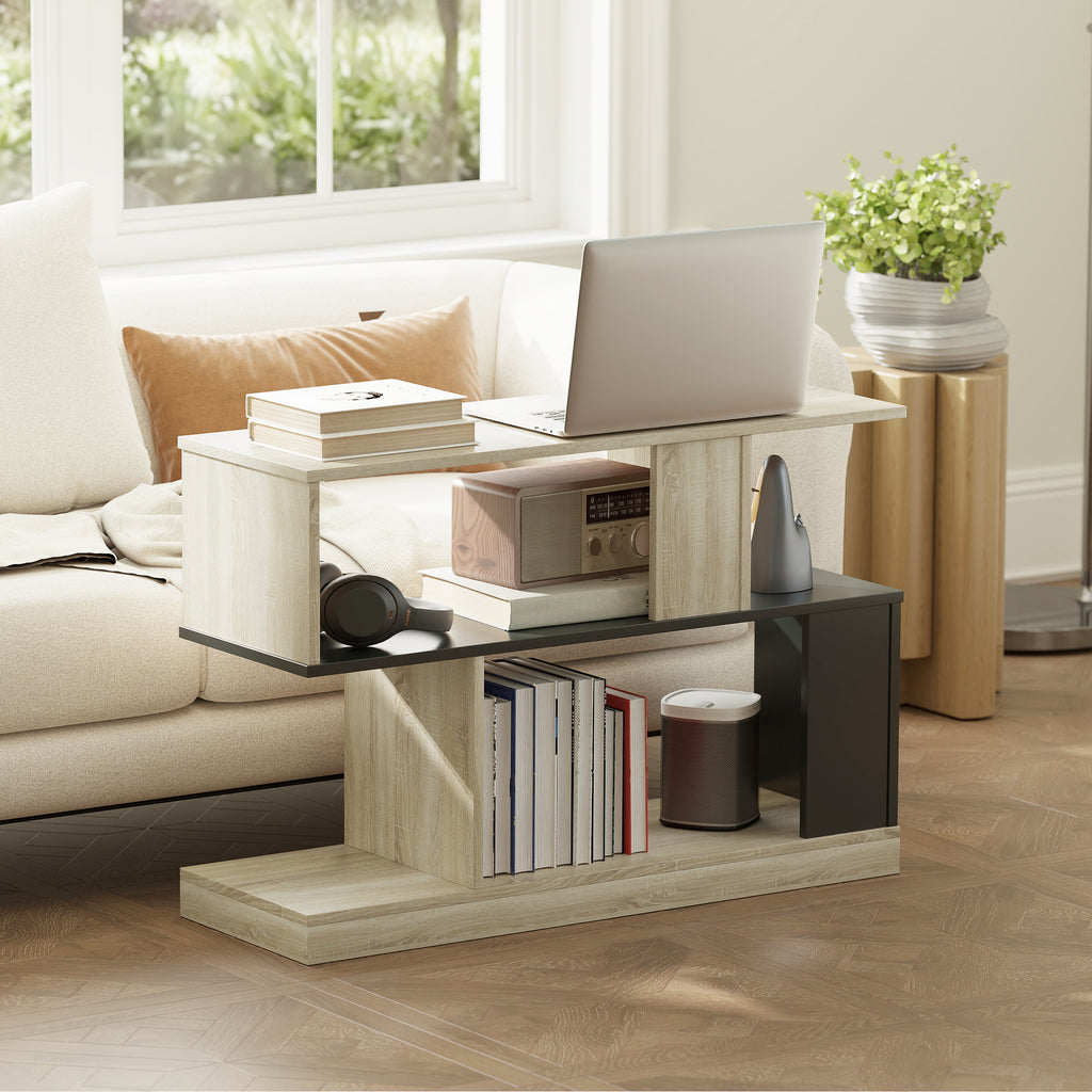 Table d'appoint en forme S, bout de canapé à 3 niveaux étagères de rangement, 90 x 30 x 61 cm, effet bois naturel noir-8
