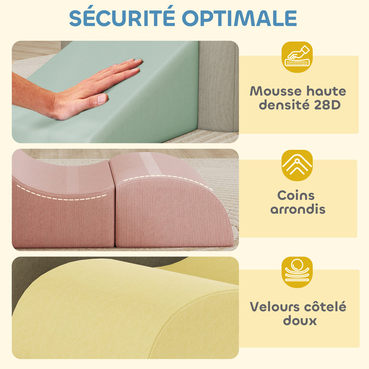Parcours motricité bébé modulable en mousse 7 pièces housse lavable en velours côtelé 174 x 174 x 30 cm multicolore-4