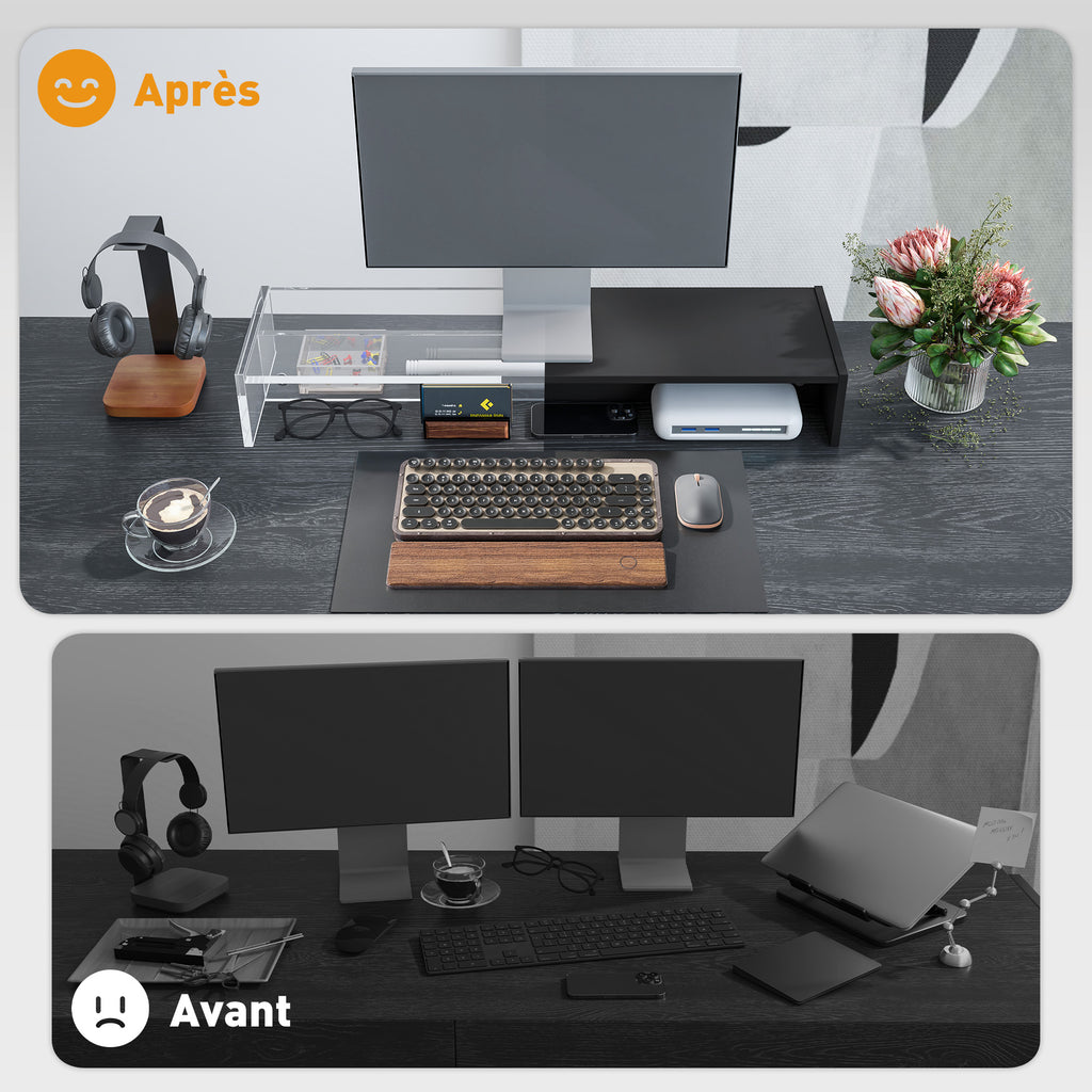 Rehausseur écran PC bureau support d'écran d'ordinateur de 100 cm support moniteur avec deux compartiments, noir-5