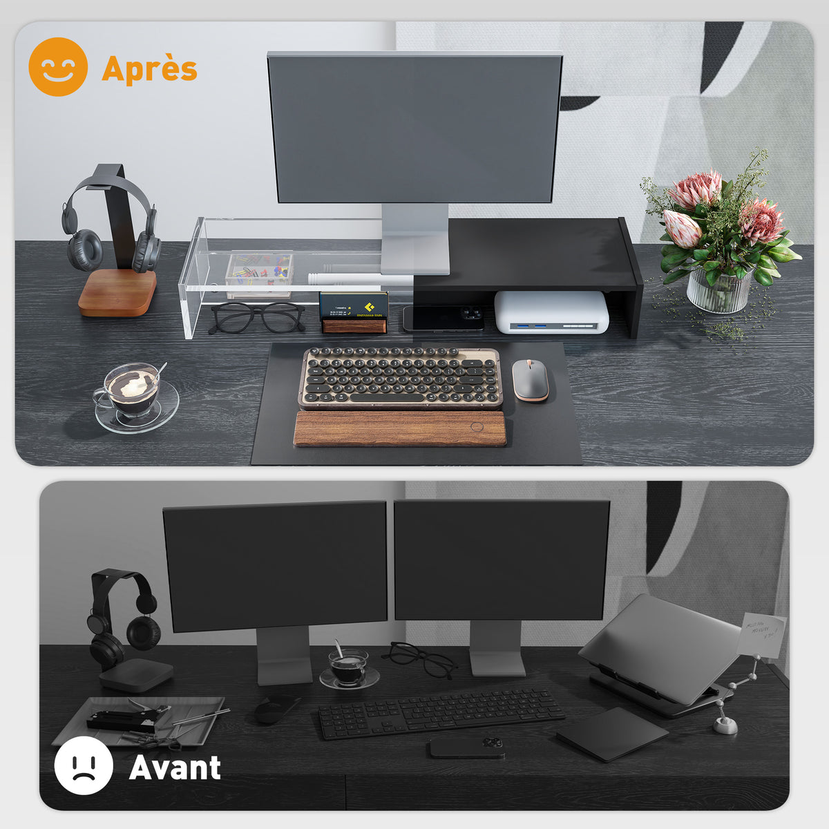 Rehausseur écran PC bureau support d'écran d'ordinateur de 100 cm support moniteur avec deux compartiments, noir-5