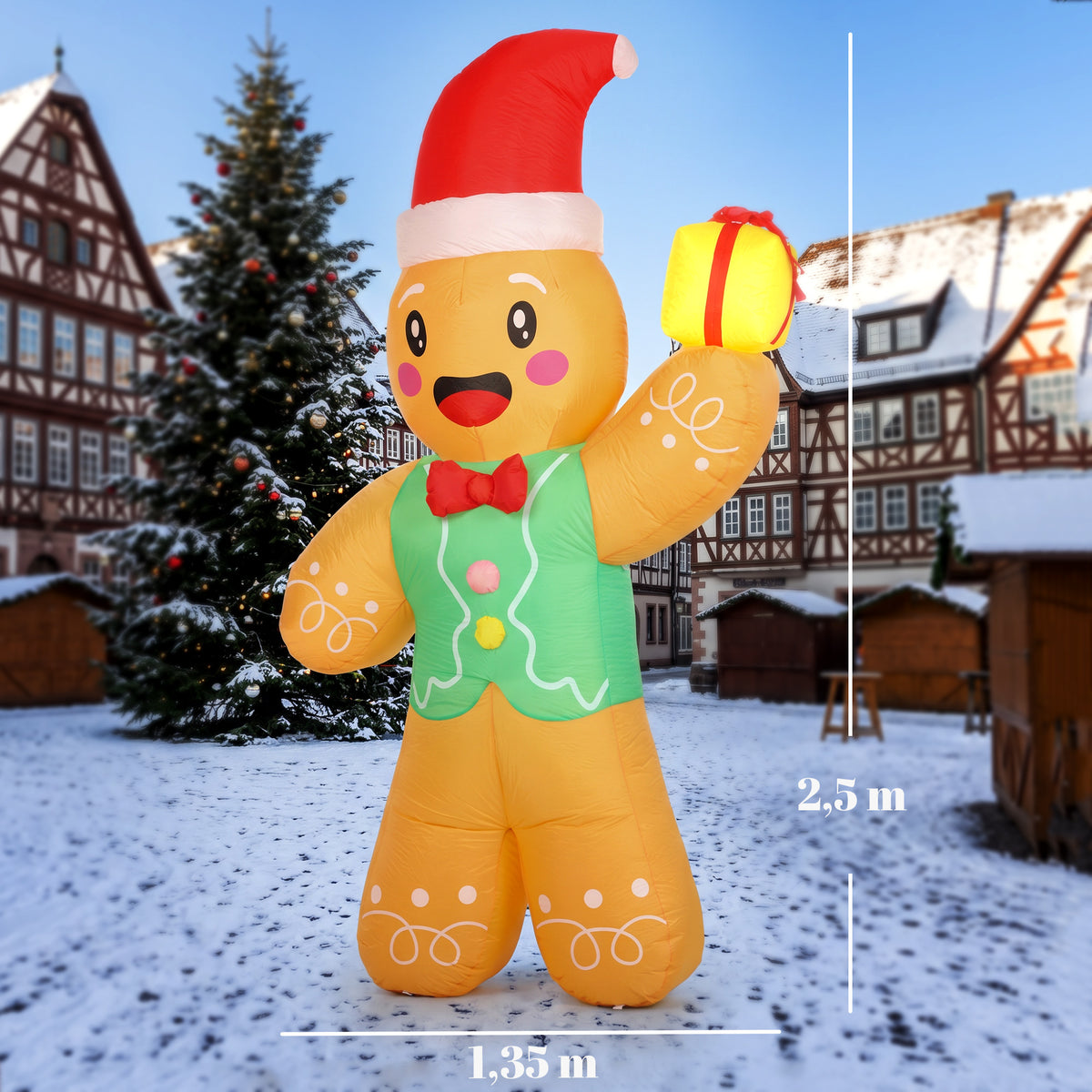 Bonhomme Pain d'Épice Gonflable de Noël 2,5 m avec Lumières LED, Boîte Cadeau et Souffleur, Intérieur et Extérieur-2
