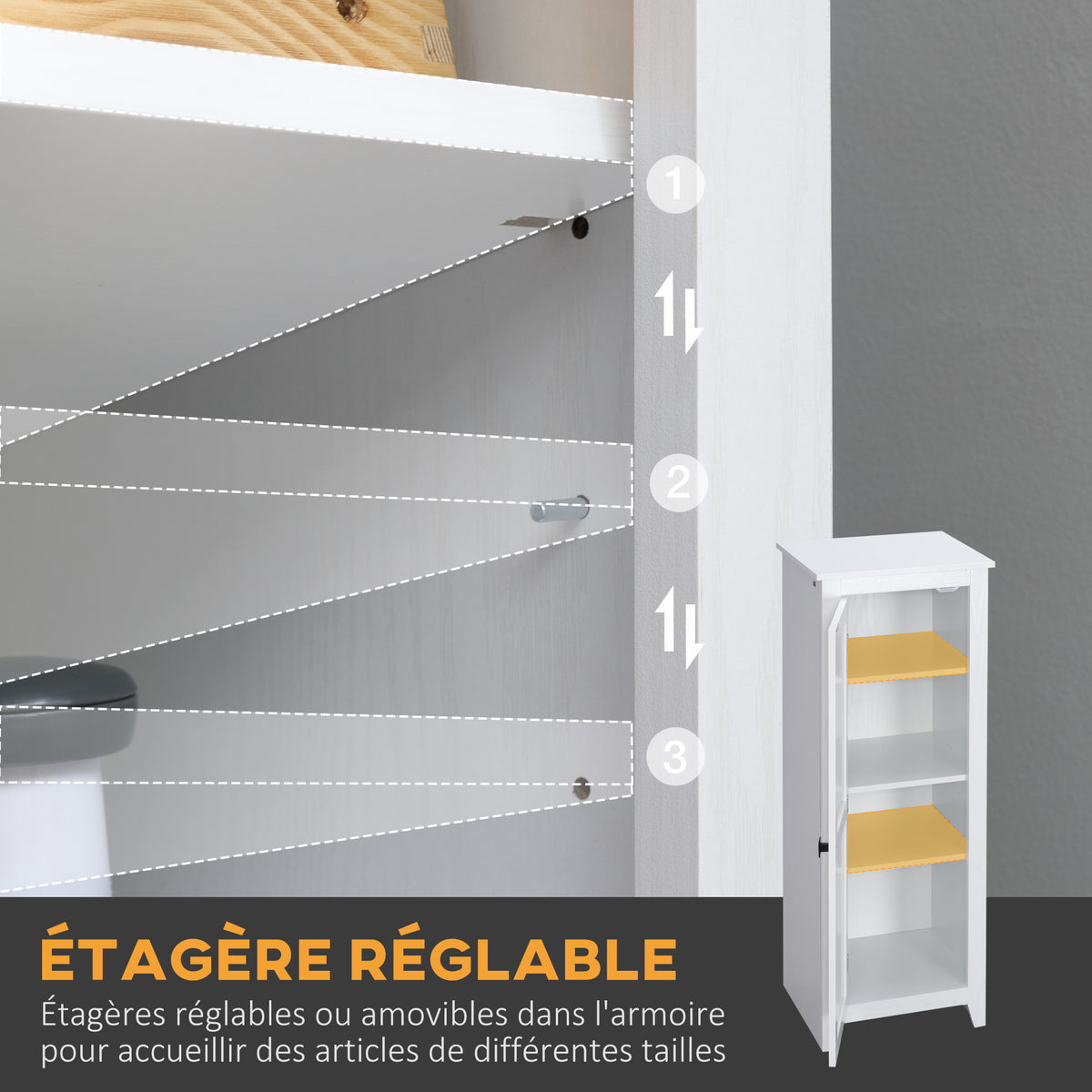 Armoire de Rangement sur Pieds buffet cuisine meuble de rangement  pour Salle de bain Gain de Place Style Classique avec 2 étagères réglables- Hauteur 120 cm en Bois Blanc-4