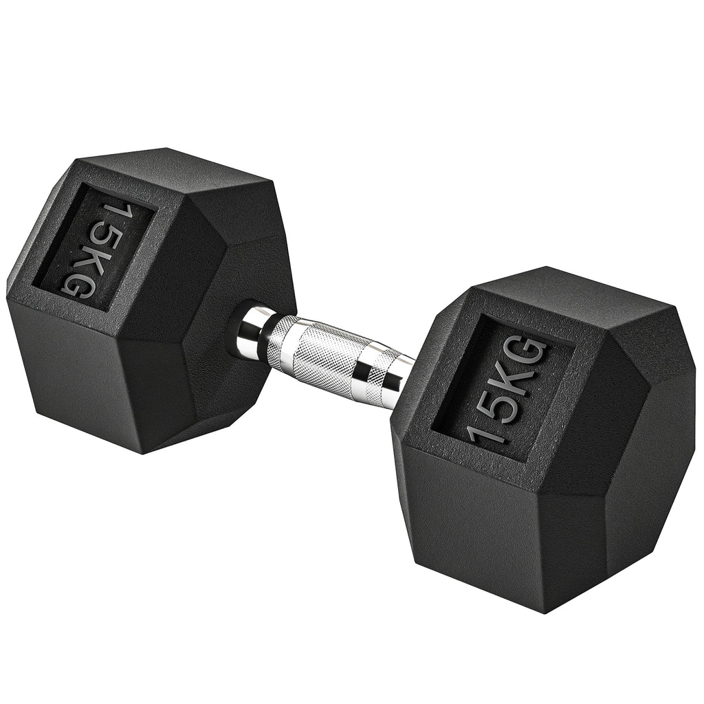 Haltère courte poids 15 Kg - 1 pièce, Haltère hexagonale entraînement musculaire & haltérophilie - métal caoutchouc noir-0