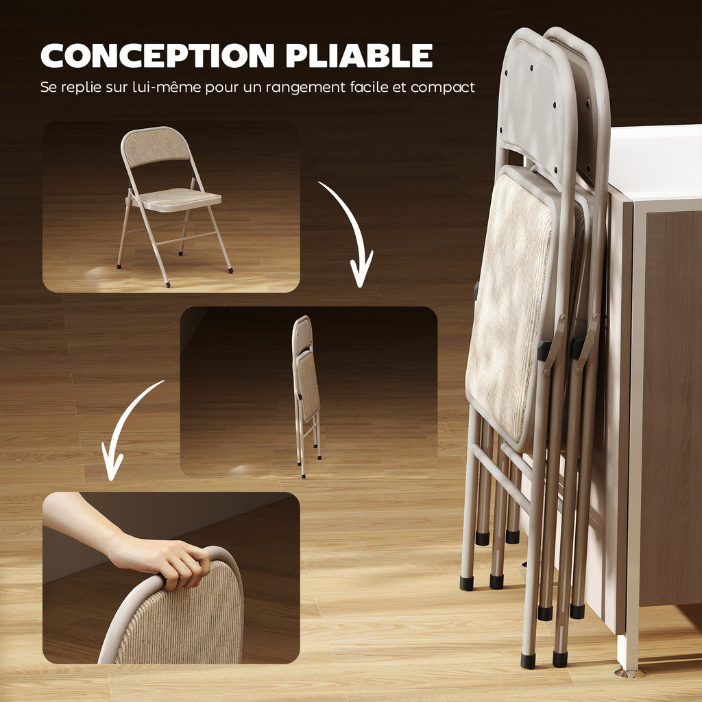 Lot de 2 chaises pliantes chaises de salle à manger portables cadre en acier dim. 45l x 46P x 78H cm beige-5