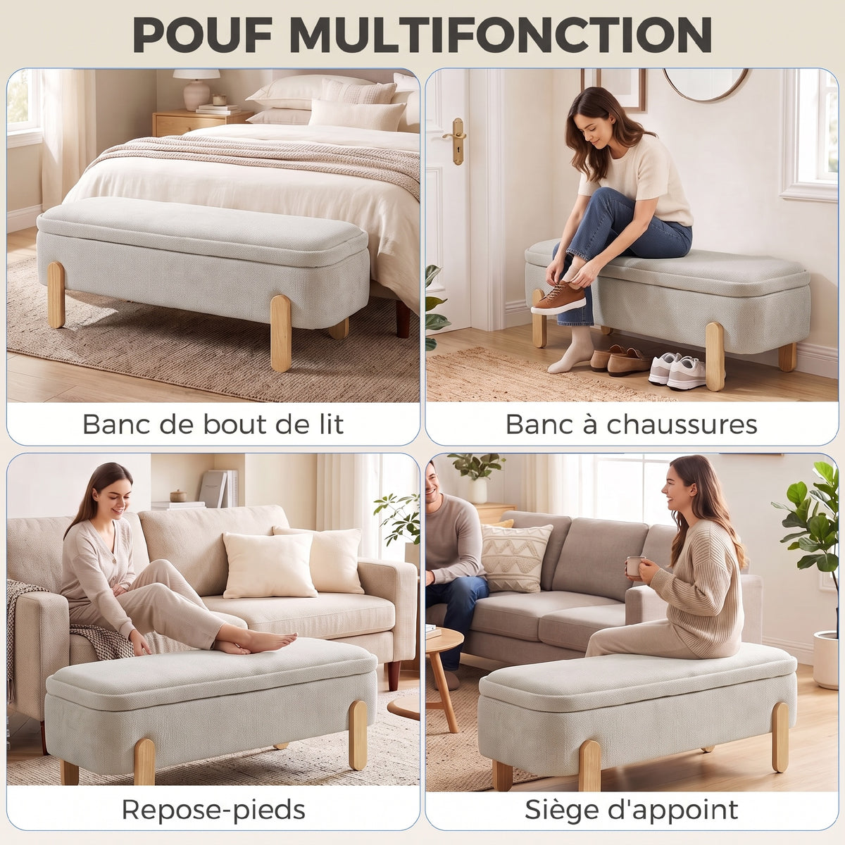 Banc Coffre de Rangement 108 cm, Bout de Lit en Chenille avec Pieds en Bois, Style Moderne, Charge Max. 220 kg, Beige-5