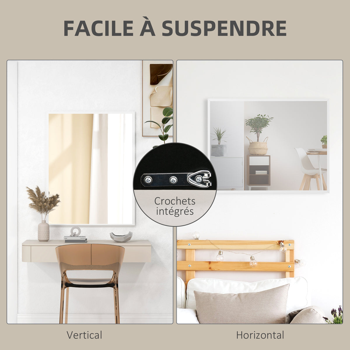 Miroir mural rectangulaire 90 x 70 cm, cadre en bois blanc, idéal pour la salle de bain, salon ou chambre-4