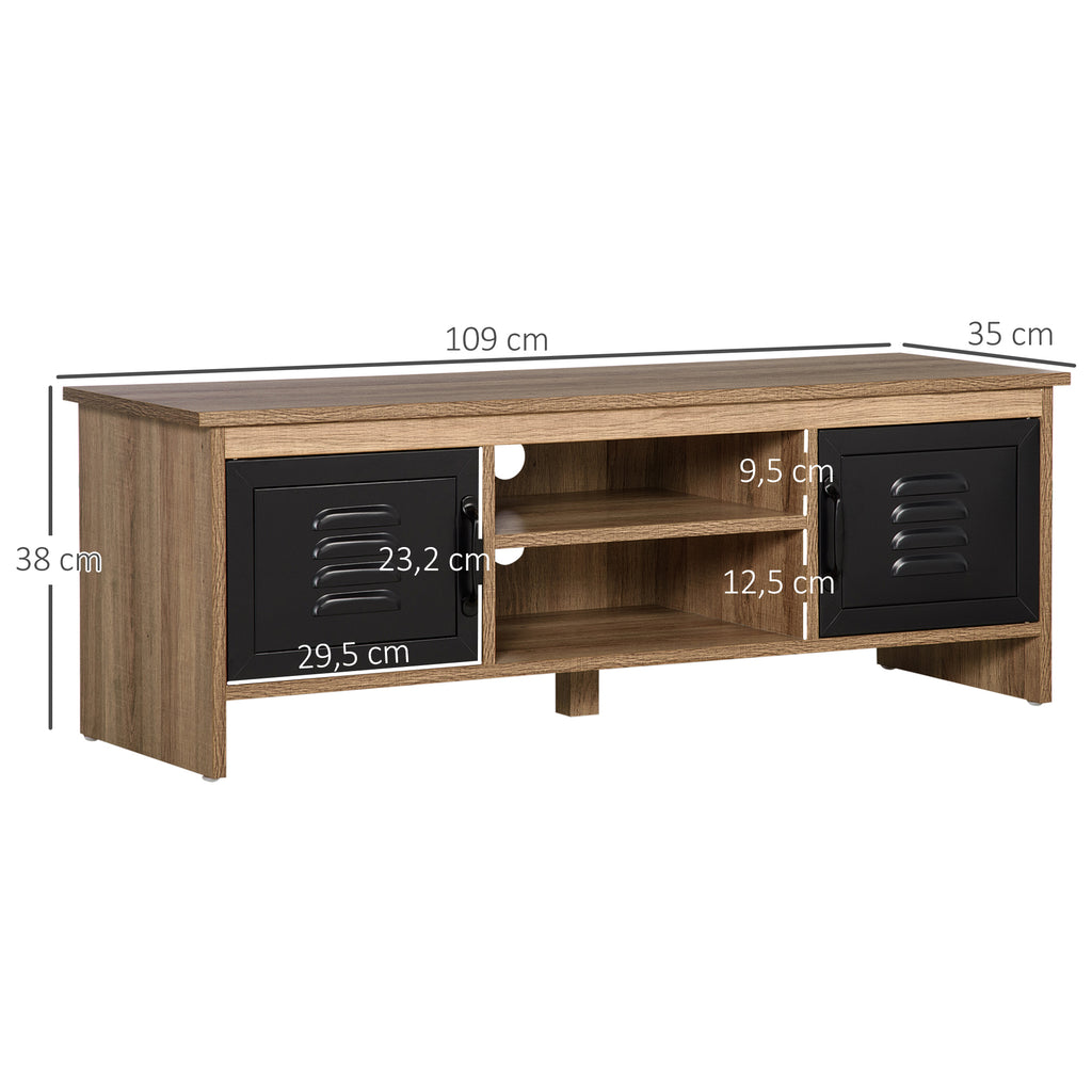 Meuble TV Banc TV 110 cm Design Industriel, avec 2 placards, 2 niches, 2 Passe-Fils, Aspect Bois veinage Portes métal Noir-2