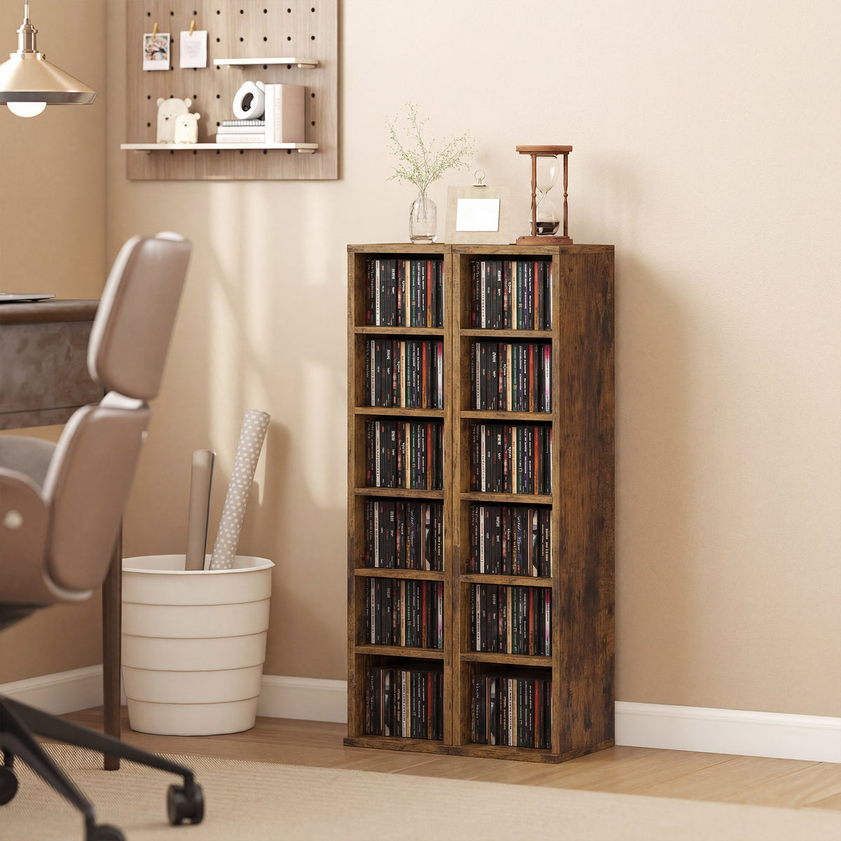 Lot de 2 étagères colonnes armoire de rangement CD-DVD 12 compartiments 21 x 22,5 x 88,5 cm capacité 204 CD marron-1