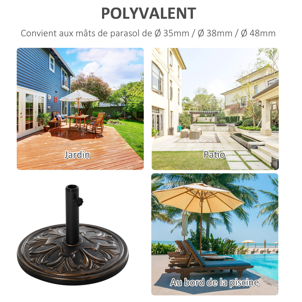 Pied de parasol rond base de lestage Ø 48 x 34H cm ciment HDPE motif fleurs de lys poids net 13 Kg noir doré-6