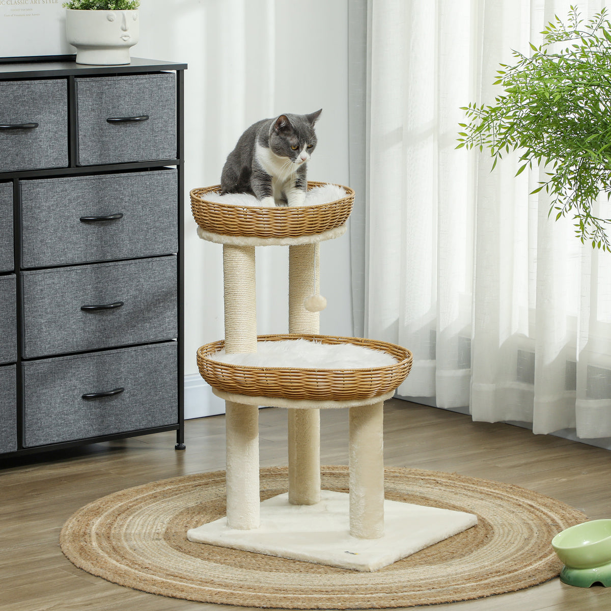 Arbre à chat arbre à grimper hauteur de 75,5 cm avec deux lits pour chat en rotin griffoirs coussins lavables beige-1