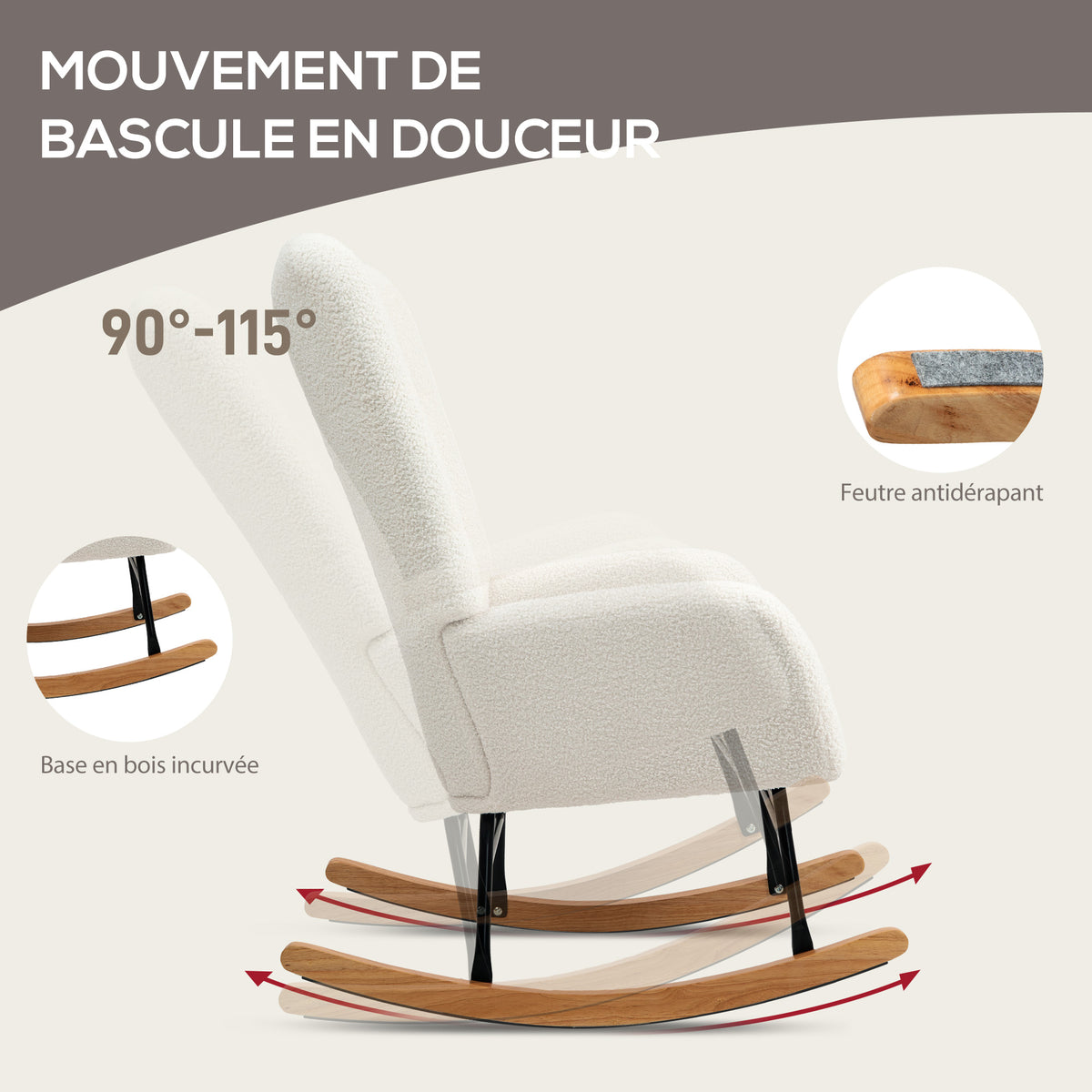 Fauteuil à bascule en tissu effet laine bouclée avec pieds en bois massif d'hévéa pour chambre, salon, crème-3