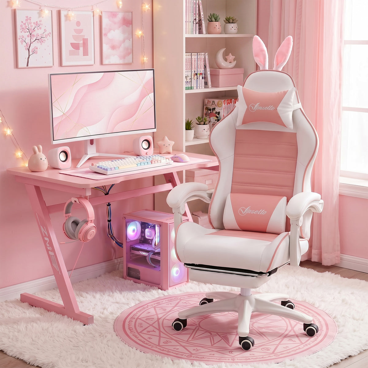 Chaise de gaming avec support lombaire, hauteur réglable, dossier inclinable, oreilles de lapin et appui-tête, rose-1