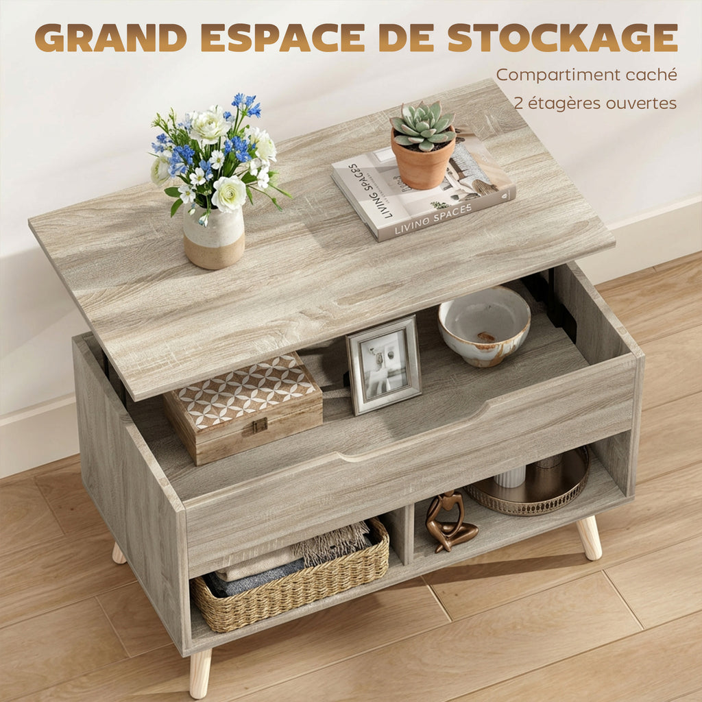 Table basse relevable, table de salon avec compartiment caché et étagères ouvertes, 75 x 40 x 58 cm, bois naturel-4