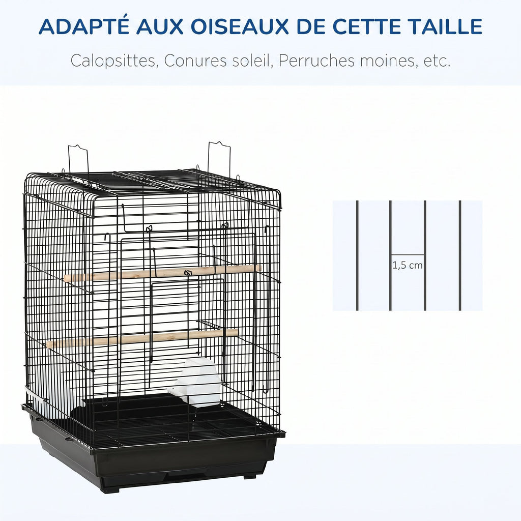 Cage à oiseaux en métal avec mangeoires perchoirs plateau amovible poignée dim. 40L x 40l x 59H cm noir-3