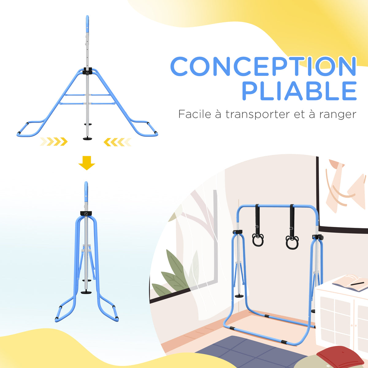 Barre de gymnastique pour enfants, barre horizontale pliable à hauteur réglable avec anneaux de gymnastique, bleu-5
