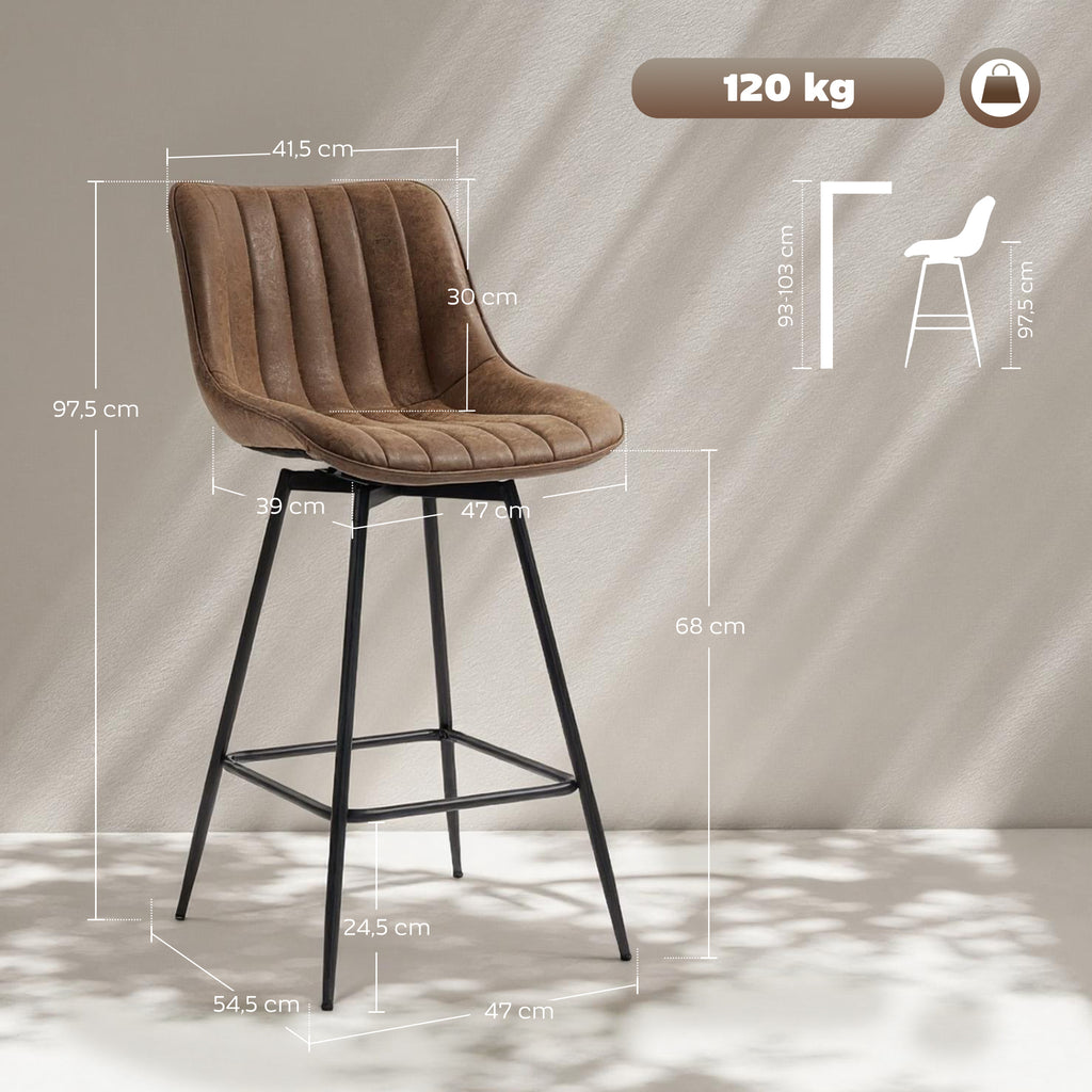 Lot de 2 tabourets de bar, chaises de bar en PU, assise rembourrée 68H cm, dossier et repose-pieds, marron-2