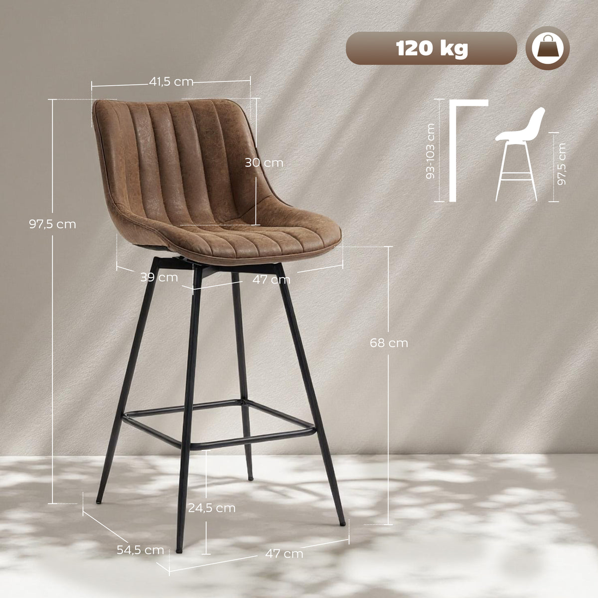 Lot de 2 tabourets de bar, chaises de bar en PU, assise rembourrée 68H cm, dossier et repose-pieds, marron-2