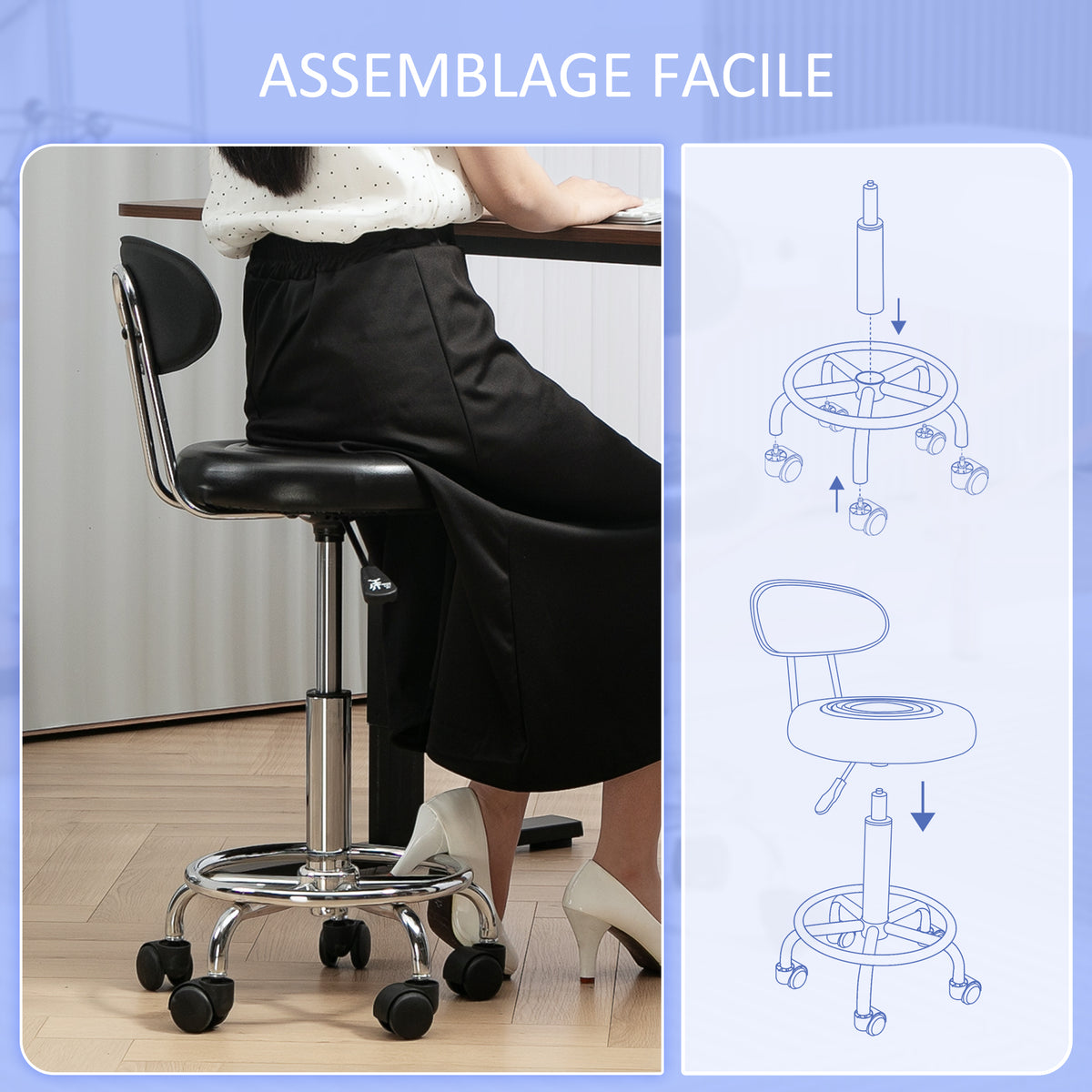 Tabouret à roulettes, tabouret de massage avec hauteur réglable 70-86 cm et dossier, pivotant 360°, noir-6