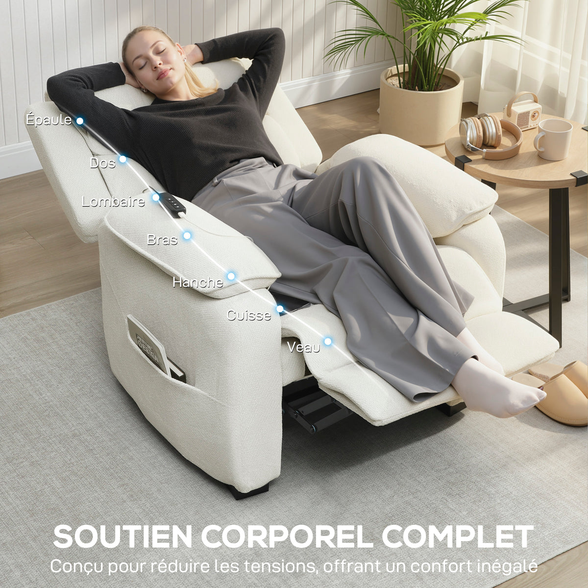Fauteuil relax électrique fauteuil inclinable port USB repose-pieds poches latérales télécommande 86x90x103cm crème-5