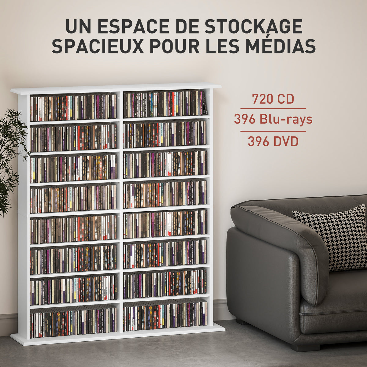 Rangements pour CD et DVD avec 16 compartiments et 12 étagères réglables, capacité max. 720 CD/396 DVD et Blu-ray, blanc-3