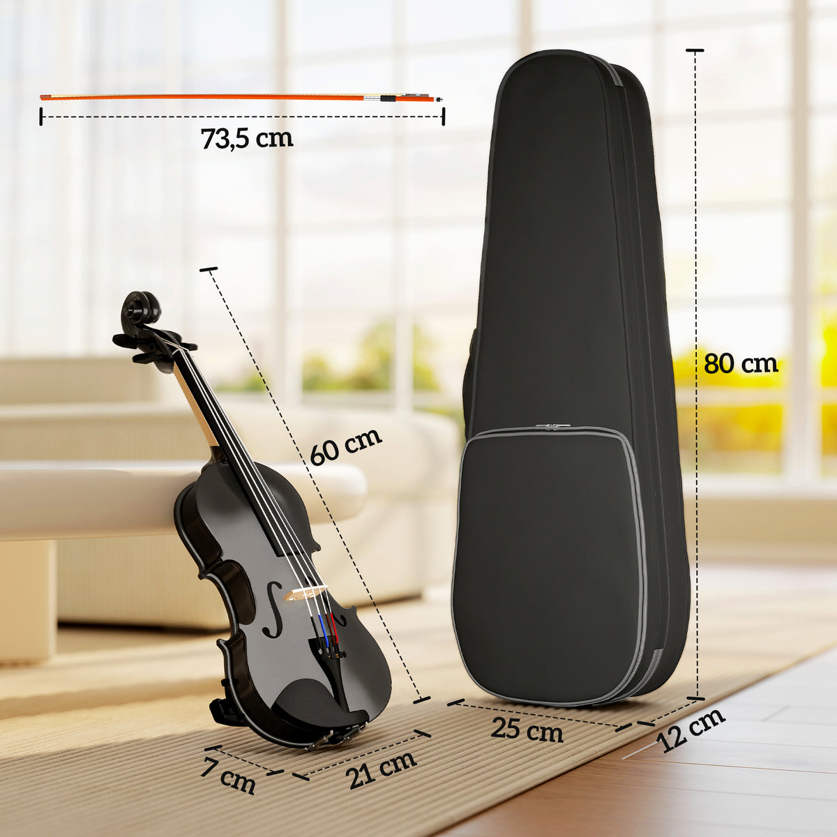 Violon 4/4 Ensemble de Violon en Bois Massif pour Adultes et Débutants avec Étui Léger et Portable 60 x 21 cm Noir-2
