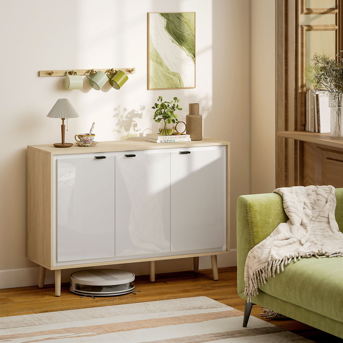 Buffet à haute brillance, meuble de rangement avec 3 portes, étagères réglables, 107 x 35 x 77 cm, blanc et chêne-1