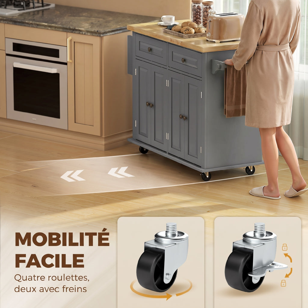 Îlot Central Cuisine avec Plateau en Hévéa, Desserte de Cuisine sur Roulettes avec 2 Tiroirs, 111 x 44,5 x 82,5 cm, Gris-6