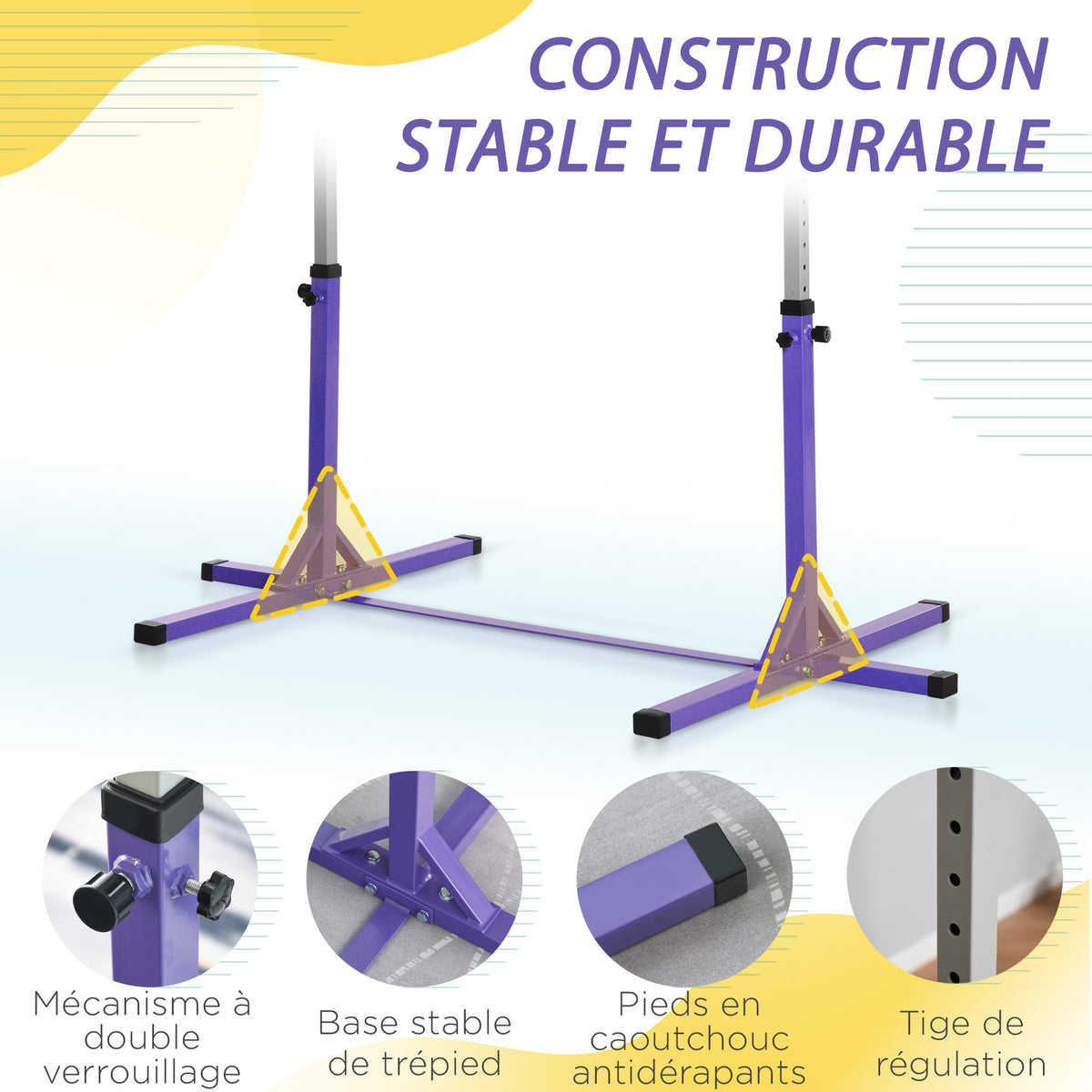 Barre Fixe de Gymnastique pour Enfant, Hauteur Réglable sur 13 Niveaux de 92-150 cm, en Acier et Bois de Hêtre, Barre de Gym d'Entraînement à Domicile, Antidérapant, Facile à Assembler, Violet-5